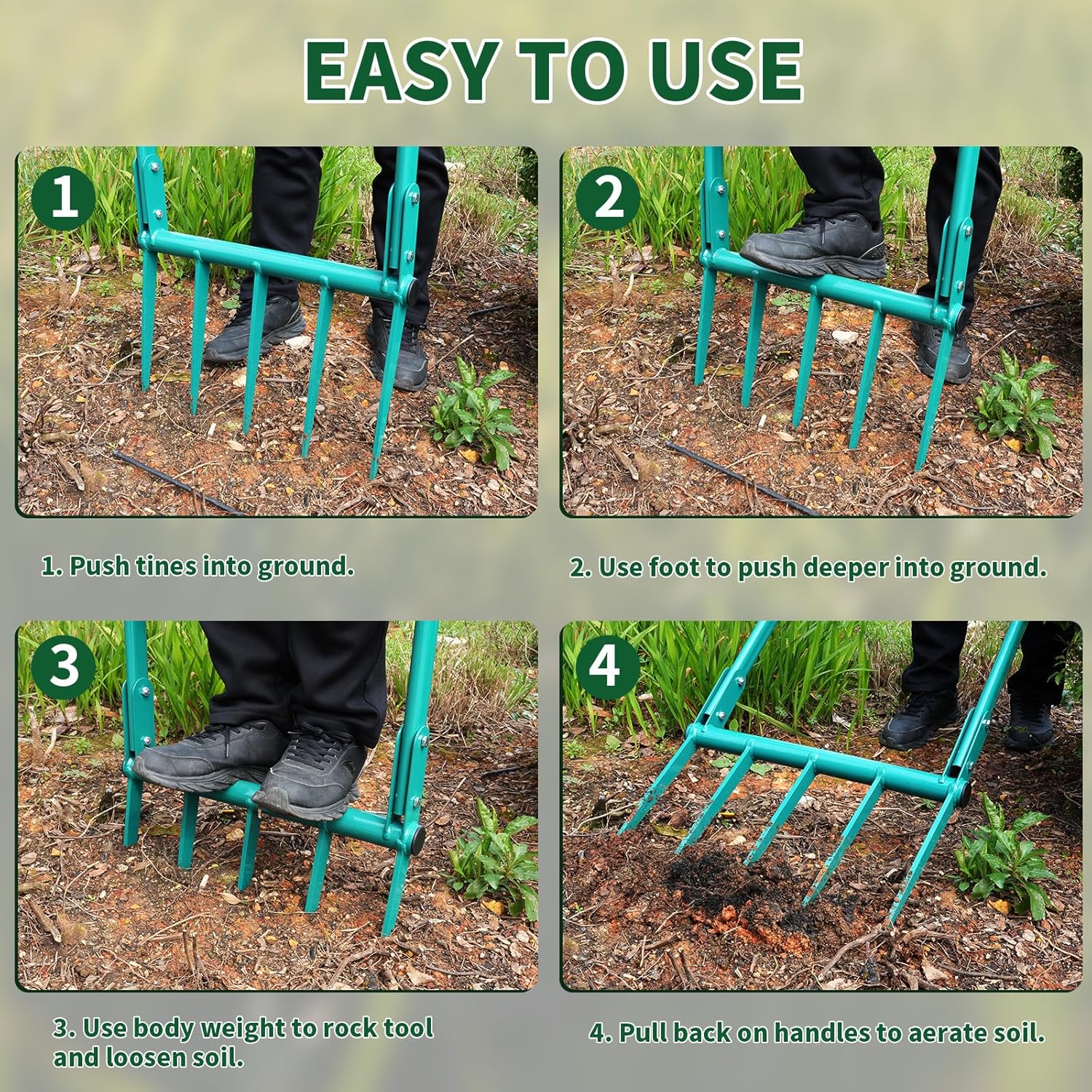 VVOKGO Broadfork Garden Tool with 11.8" Long Tines, 5-Tine Broad Fork for Gardening Heavy Duty, Unbreakable Garden Fork & Hand Tiller for Farm Digging, Crushing, Aerating Soil