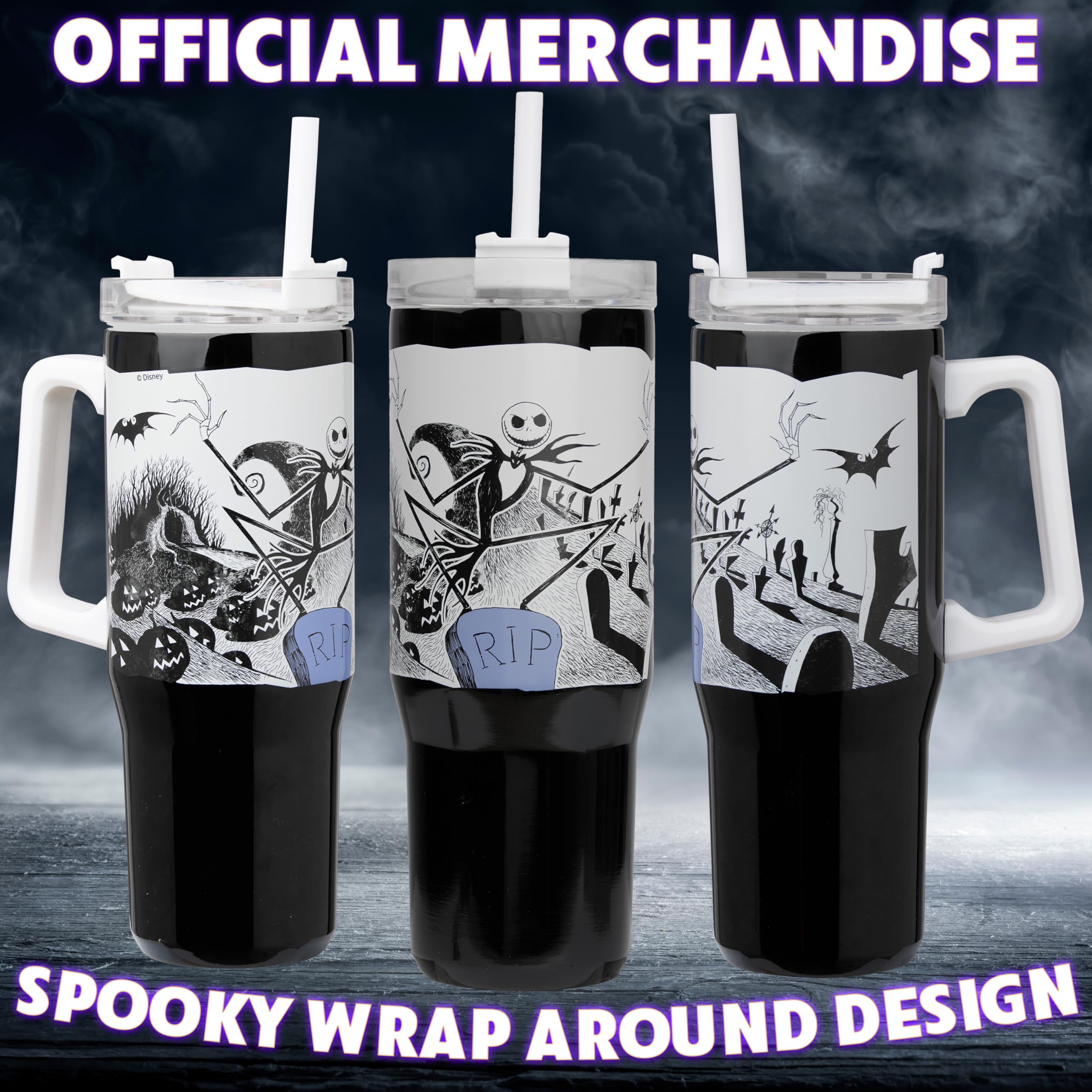 Get Trend Disney Nightmare Before Christmas Thermobecher mit Strohhalm, 940ml, Edelstahl Trinkflasche Isoliert, für Heiß- & Kaltgetränke, Kaffeebecher (Schwarz/Weiß Jack) (Packung mit 2)
