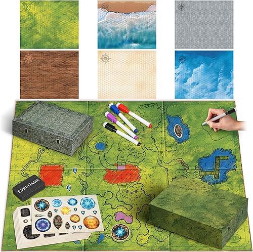 EverGame DND - Caja de juego plegable con diseño de cuadrícula de batalla con 3 cuadrados, 4 marcadores, 1 borrador, 3 tableros de juego plegables,