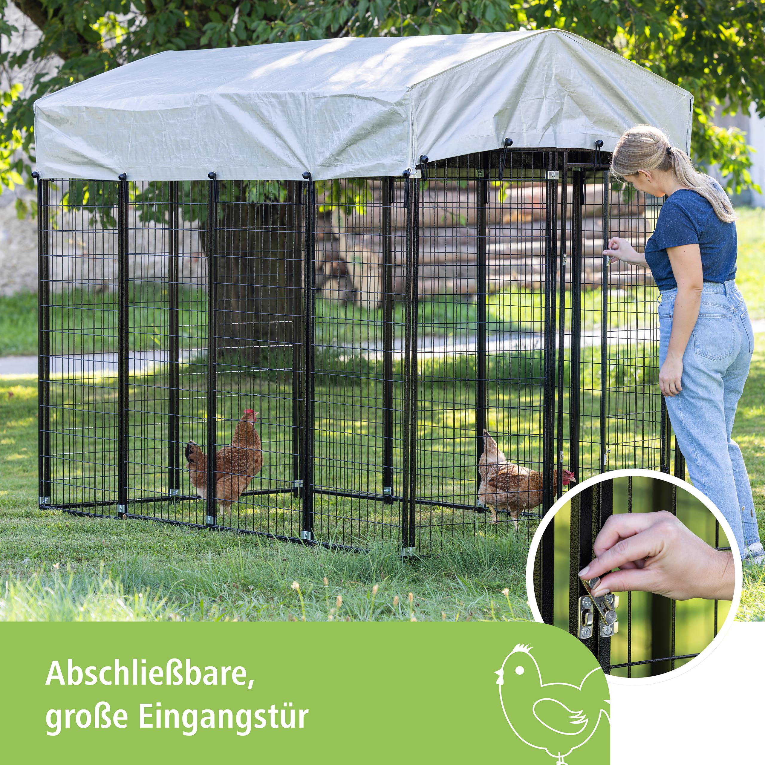 Kerbl Hobbyfarming Freilaufgehege Space, Freigehege, Hühnerzaun, schwarz, Metall pulverbeschichtet, 243x127x184cm, Gitterabstand 10cm, Sonnenschutz