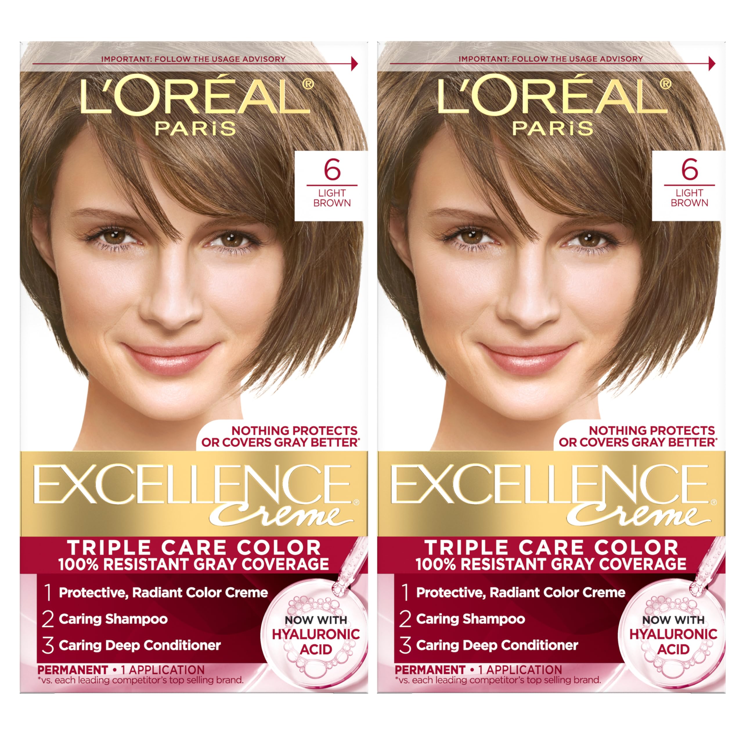 L'Oreal Paris Excellence Crème Permanent Hair Dye, Triple Care Hair Color with Pro-Keratine Complex for 100% Gray Hair Coverage, 6 Light Brown, 1 Kit (Pack of 2)