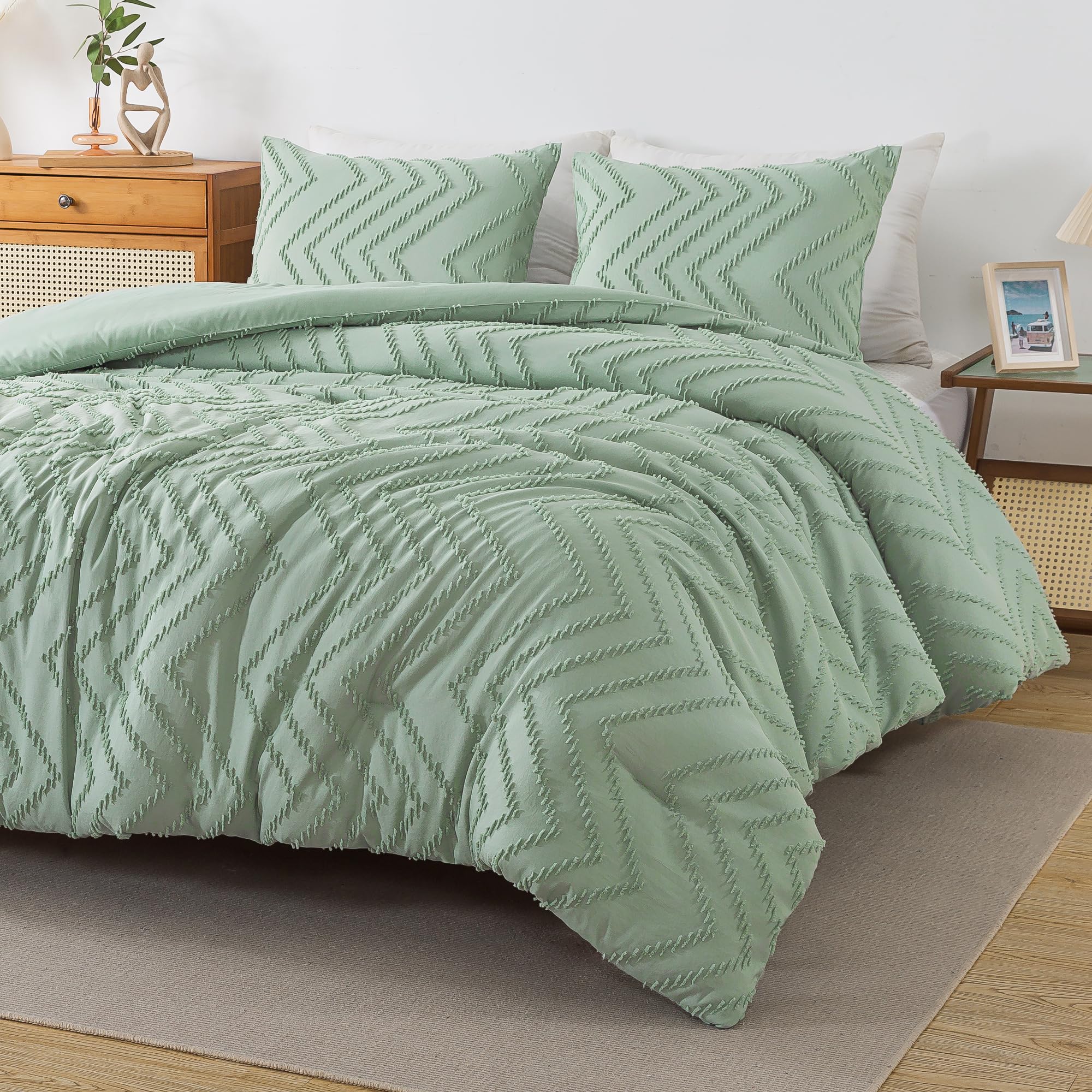 Andency Sage Green Comforter Set Queen Size, 3 Pieces Boho Bed Set