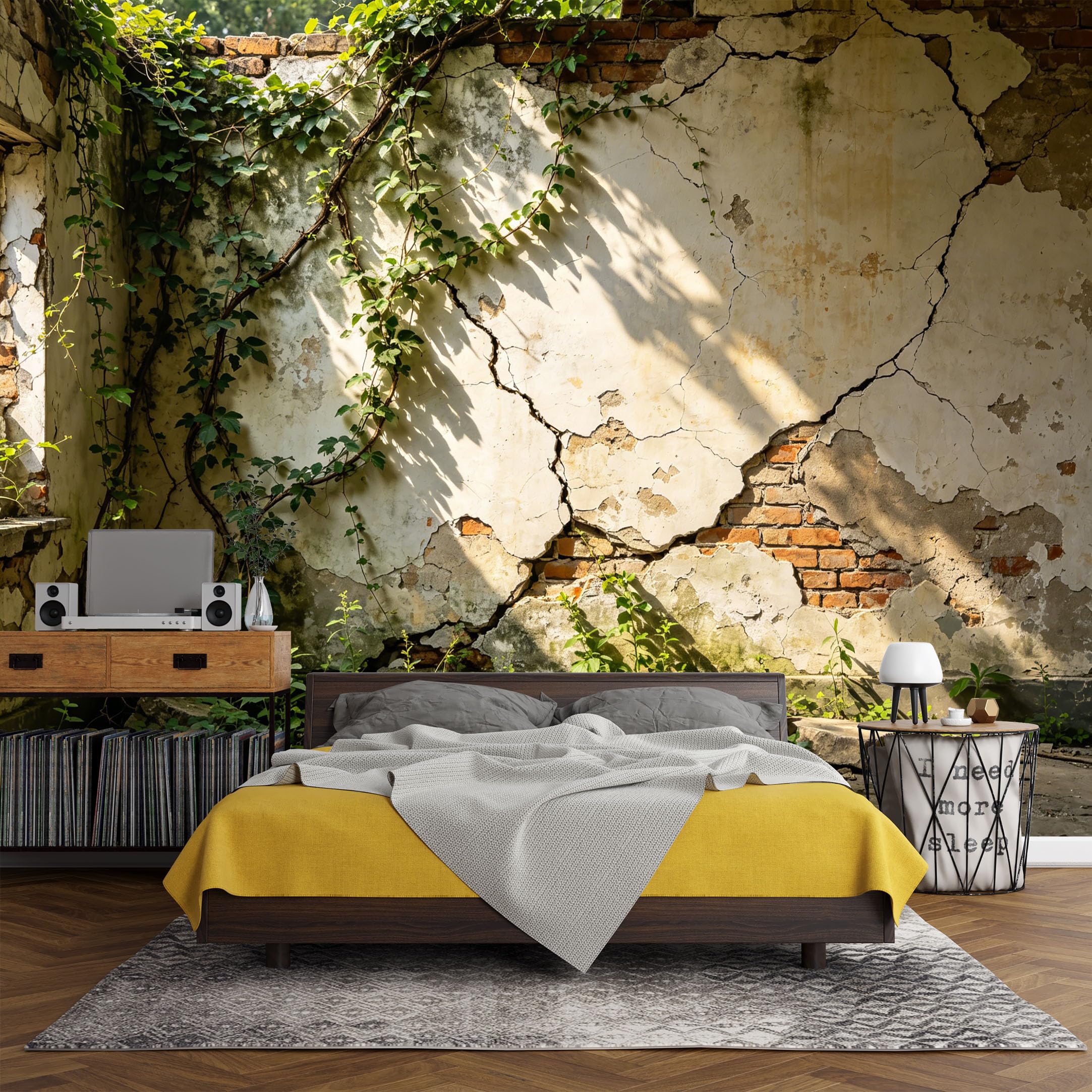 Custom Size Wall Mural， Rustic Vintage Brick Wall with Green Ivy Botanical Nature Sunlight，SelfAdhesive Art Prints wall Fabric (No PVC) Removable Wallpaper Living Room Decor