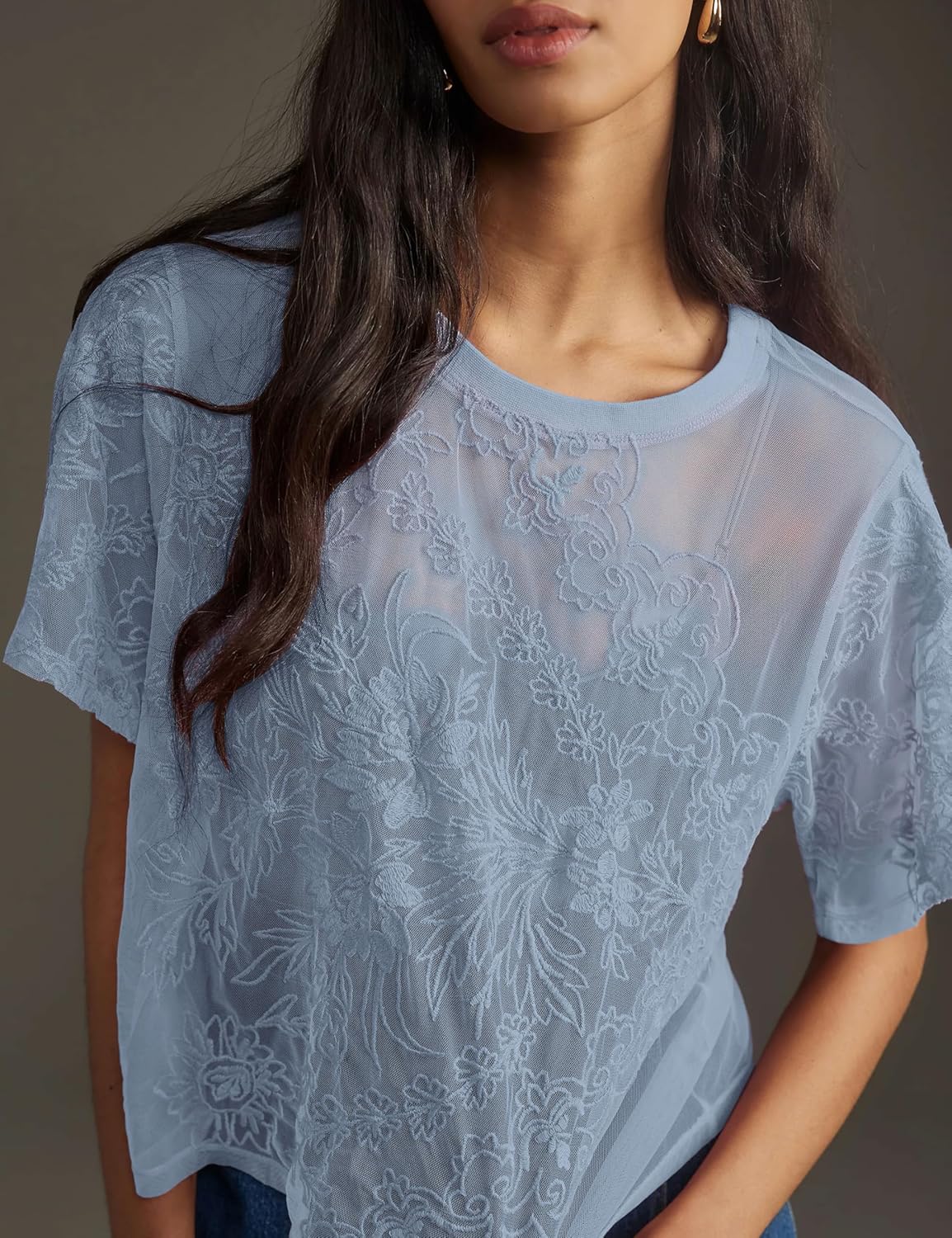 OPCAKM Lace Tops for Women Sexy Short Sleeve Mesh Tops Embroidered Sheer Lace T-Shirts See Through Blouse - Image 2