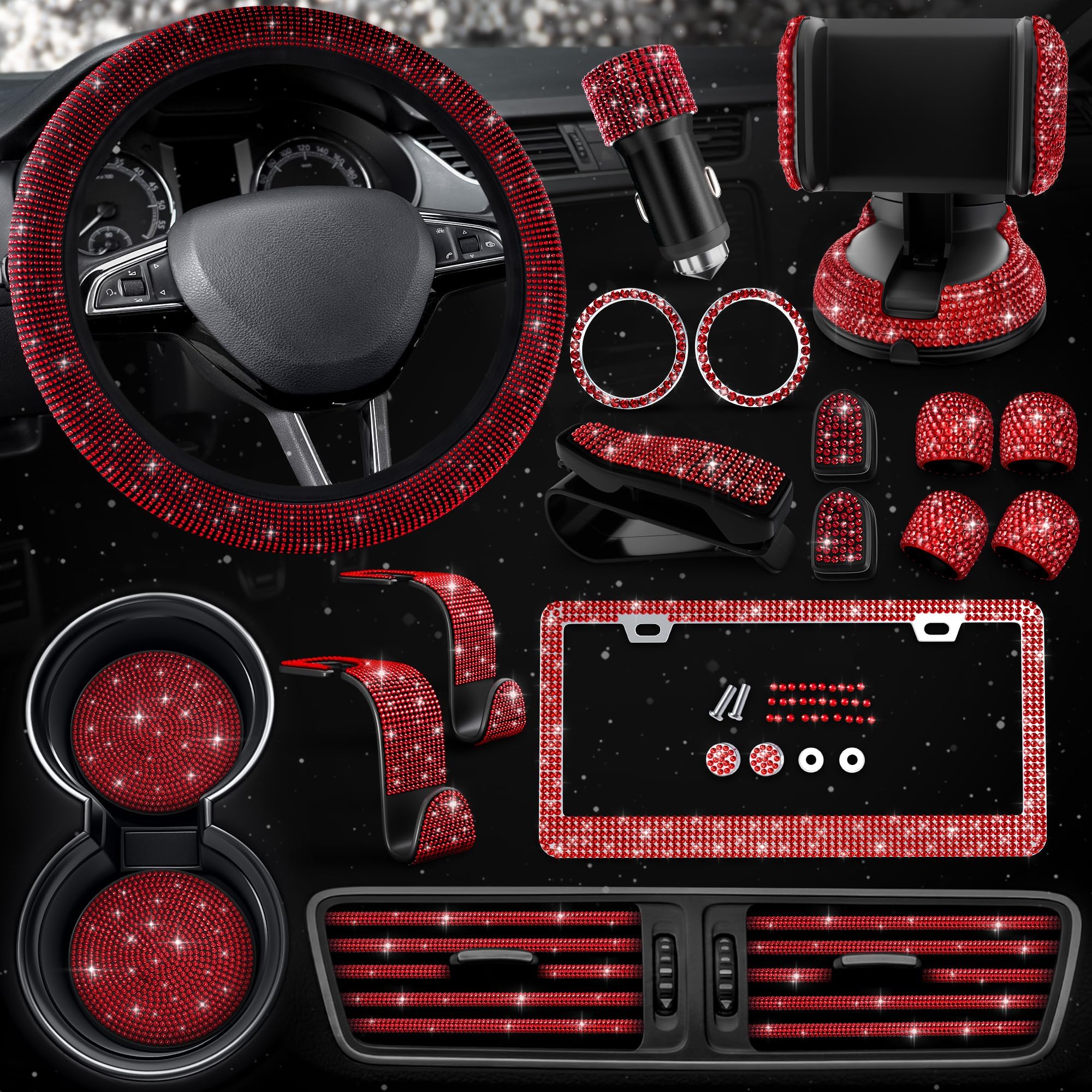 Red Bling Car Accessories Set, 27 Pcs, for Women Drivers