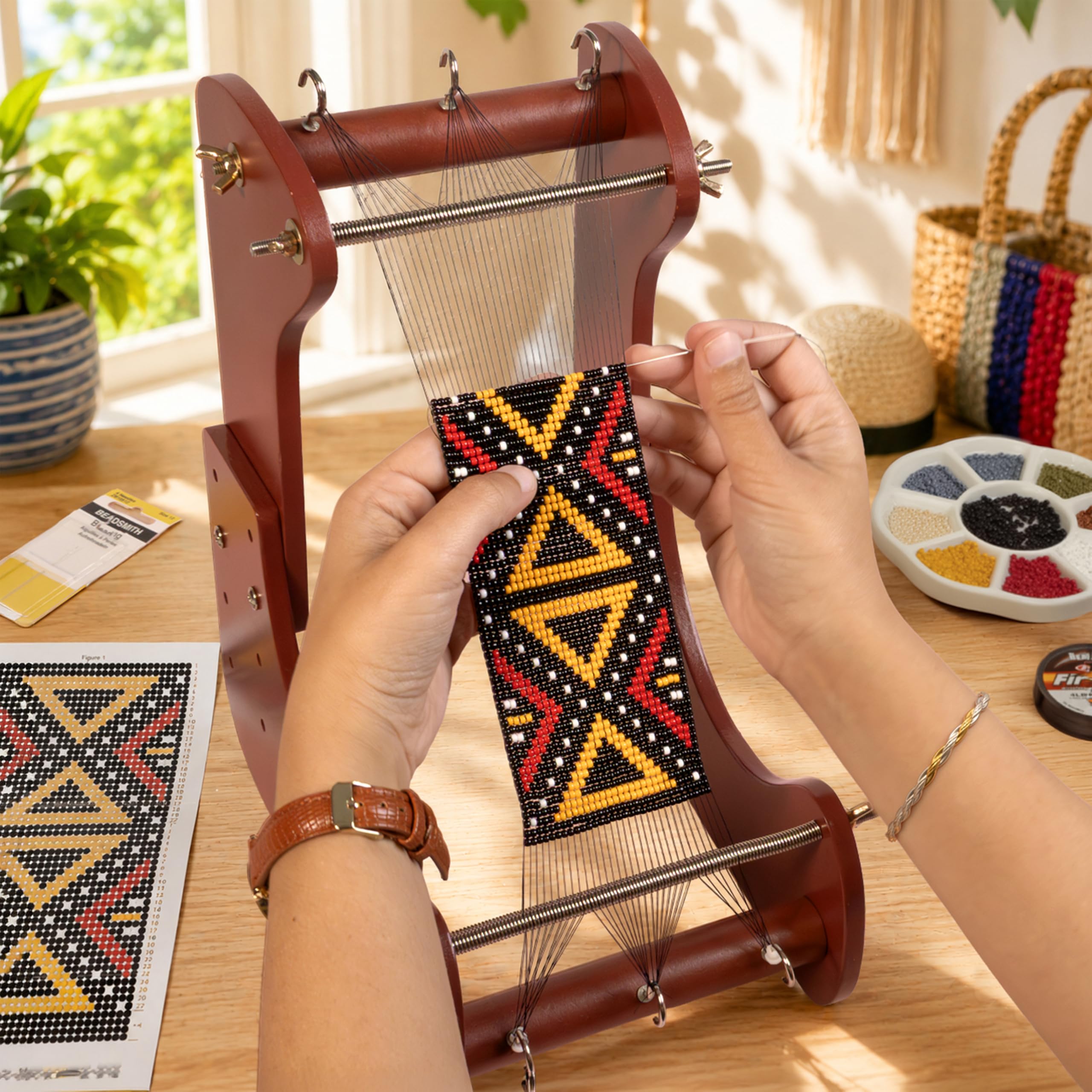 The Beadsmith ComfortLoom - Telar de cuentas ajustable con 4 ajustes de longitud, diseño ergonómico en ángulo, área de trabajo de 19 a 26,7 cm, incluye instrucciones ilustradas y patrón de pulsera