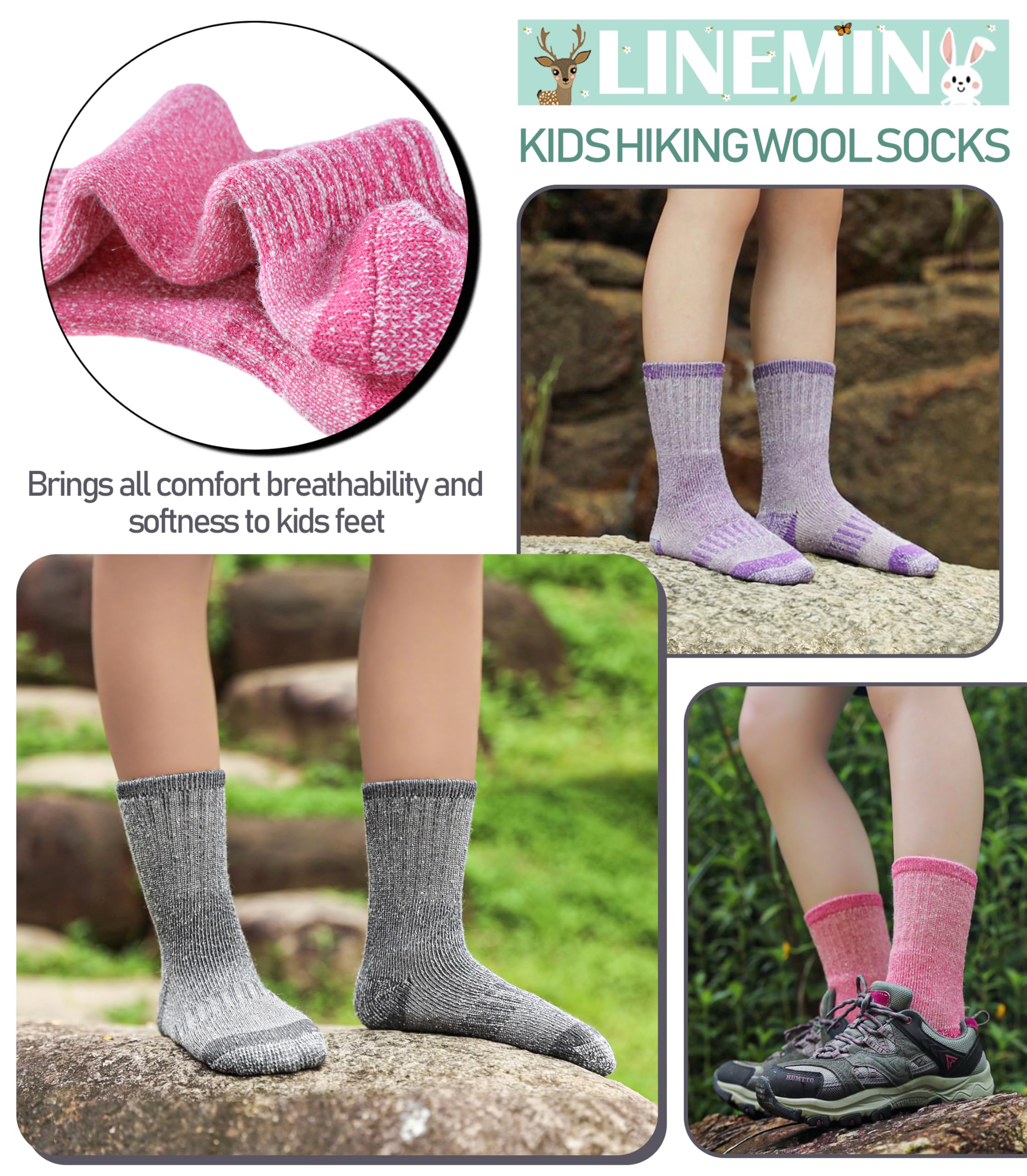 LINEMIN 3 pares de calcetines térmicos gruesos de lana merino para niños y niñas