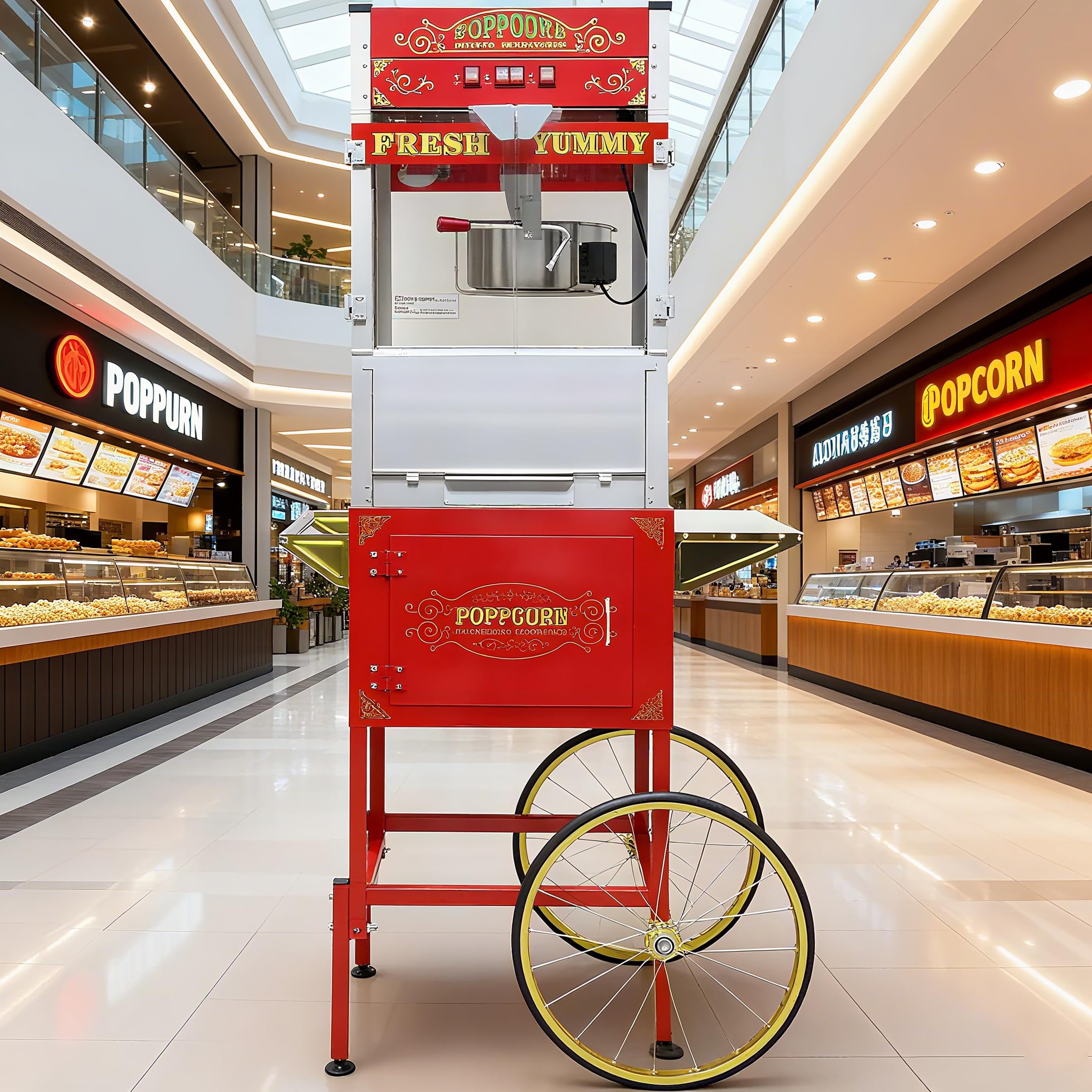 Popcorn Machine with Cart &amp; Wheels - Stainless Steel 20OZ Kettle Pop corn Maker Machine for Home, Theater, Parties Commercial Grade Electric Popper, Red