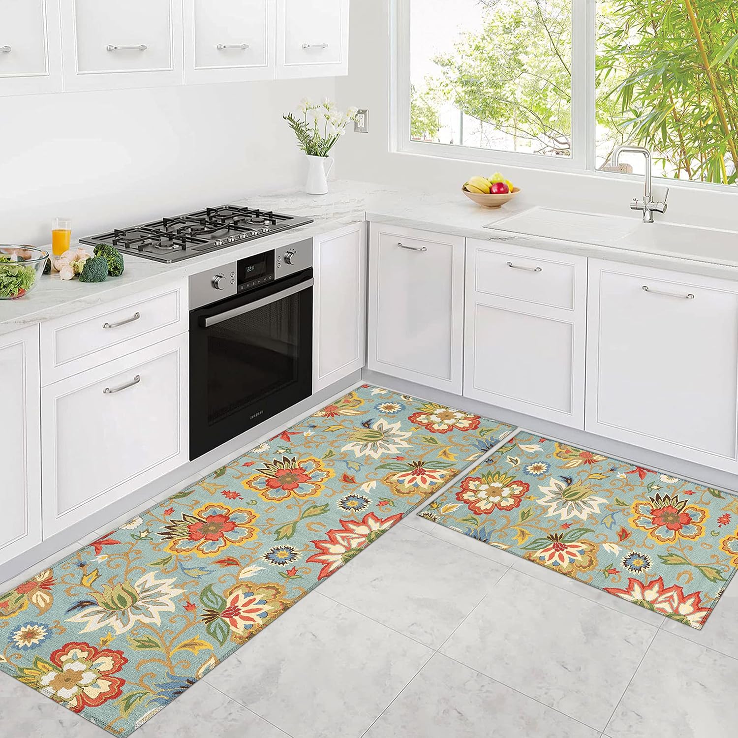 Colorful Floral Rug for Kitchen Mats for Floor 2 Piece