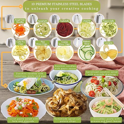 Miniatura 4 de Brieftons 10-Blade Vegetable Spiralizer: Strongest-Heaviest Duty Spiral Slicer, Best Veggie Pasta Spaghetti Maker for Low Carb/Paleo/Gluten-Free