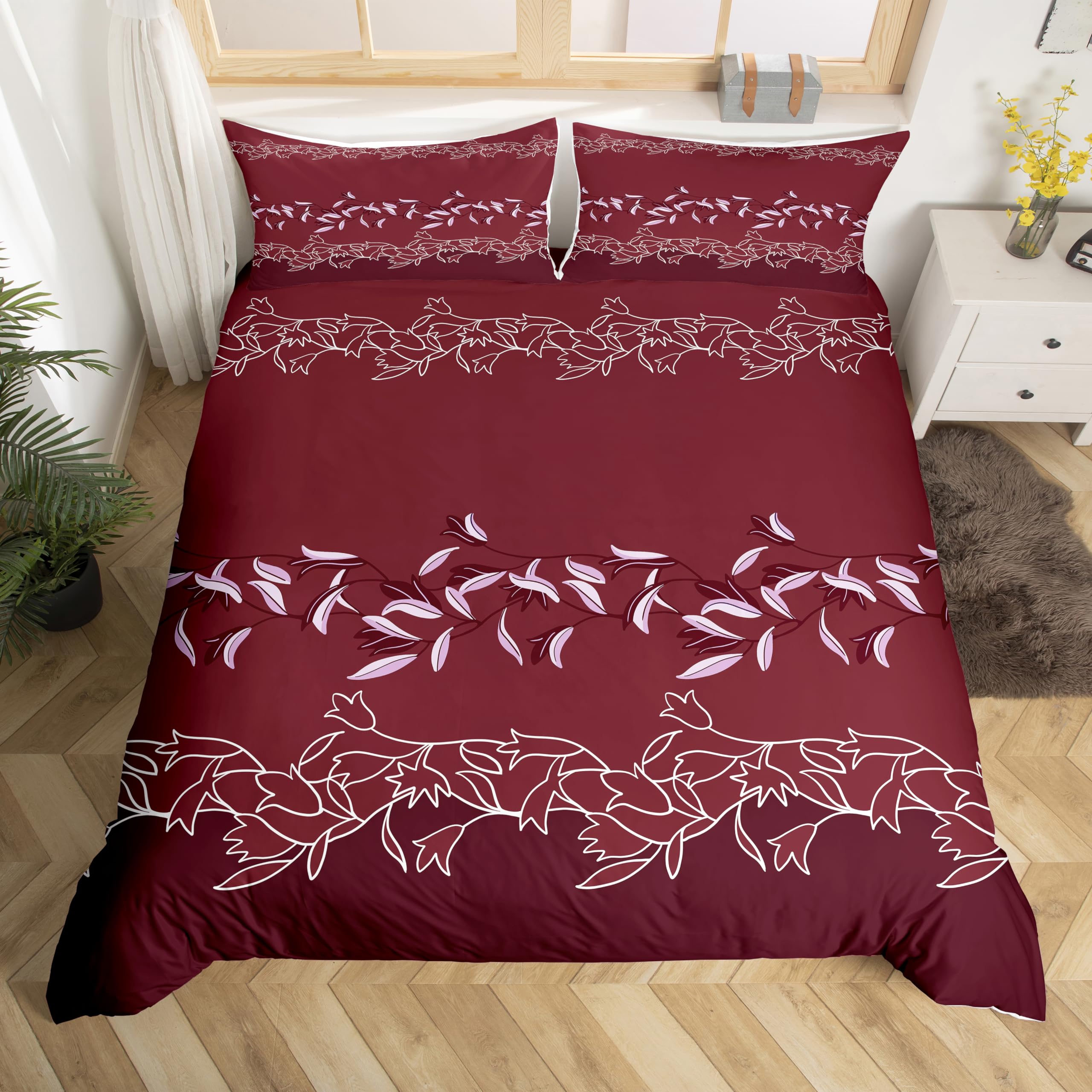 Loussiesd Wine Red Comforter Cover Double Size Embroidered Floral Bedding Set Jacquard Decorative 3 Pieces European Duvet Cover Set Women Bedspread Cover with 2 Pillowcase Microfiber Zipper