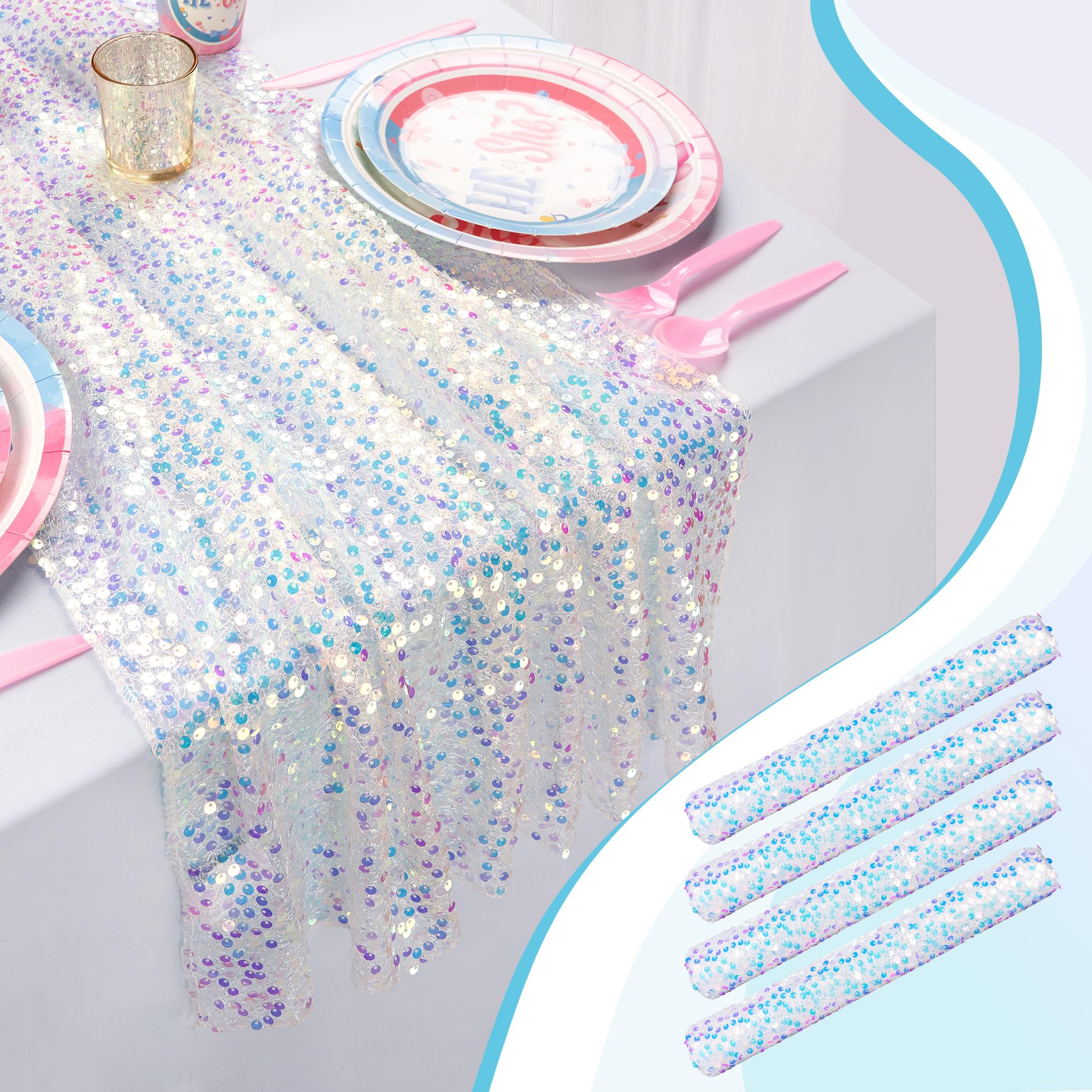 4er Set Elegante Tischläufer Schillernd Weiße Pailletten Tischband – 63 x 300 cm für Outdoor Hochzeitstisch Taufefeier Festliche Meerjungfrau Party Tischdeko (4 Stück)
