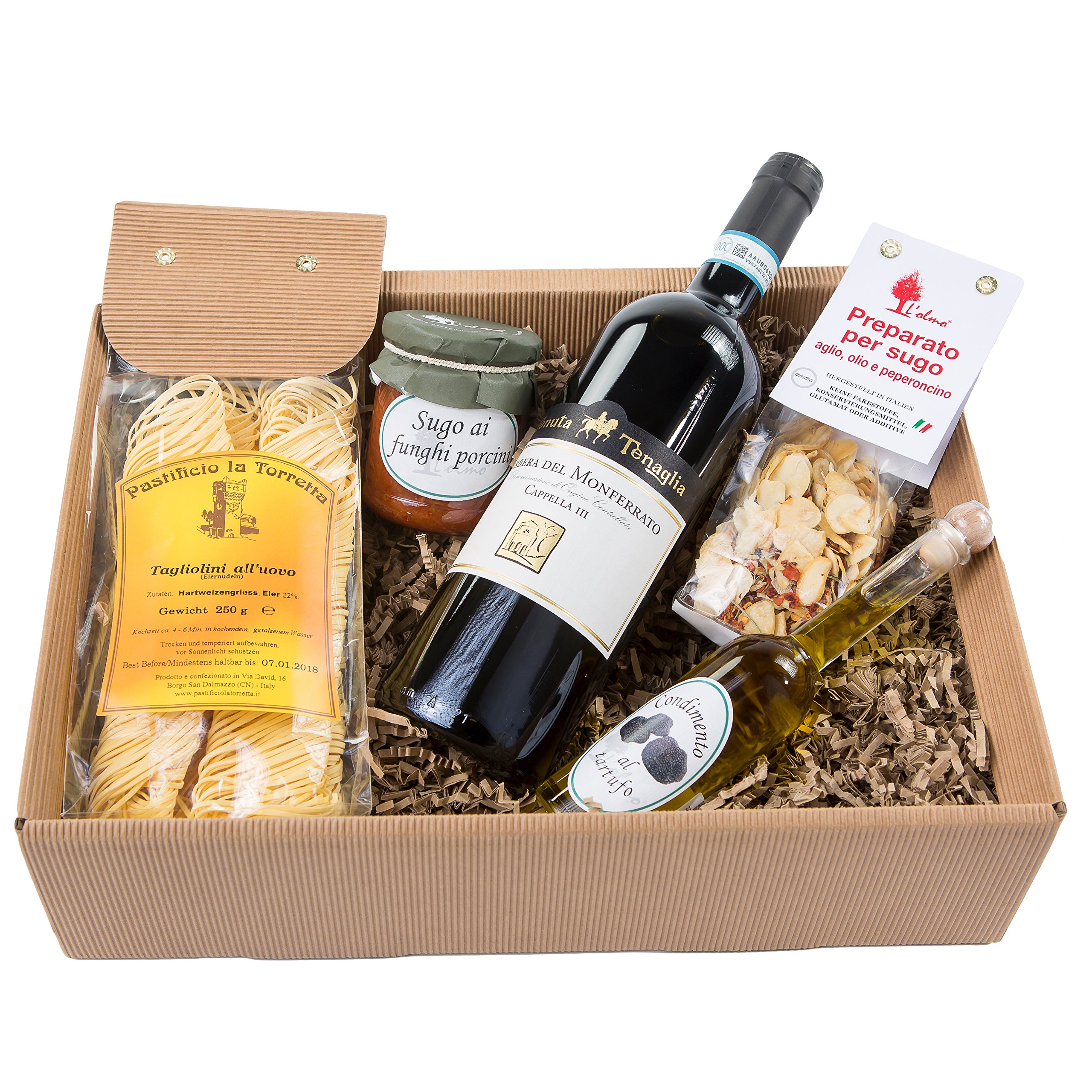 Geschenk-Set Präsentkorb%22Tavola Italiano%22 mit Piemonteser Feinkost und Chianti & Präsentkorb „Genussreise Piemont“ mit italienischen Spezialitäten: Piemonteser Feinkost und Barbera
