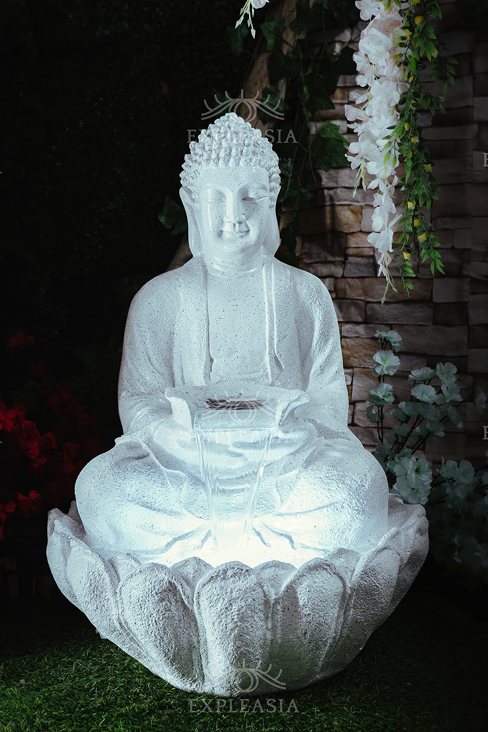 EXPLEASIA Lotus Buddha Water Fountain for Home, Office, Garden (White), Resin