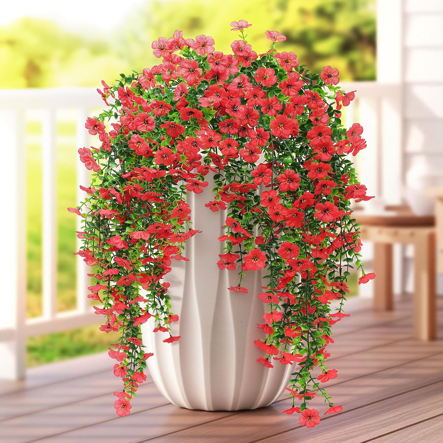Artificial Fake Hanging Flowers Plant Spring Decoration for Outdoor Faux Silk Daisy with Eucalyptus Leaves 4 Pcs Look Real UV Resistant Indoor Outside Garden Porch Patio Balcony Yard Farmhouse(Red)