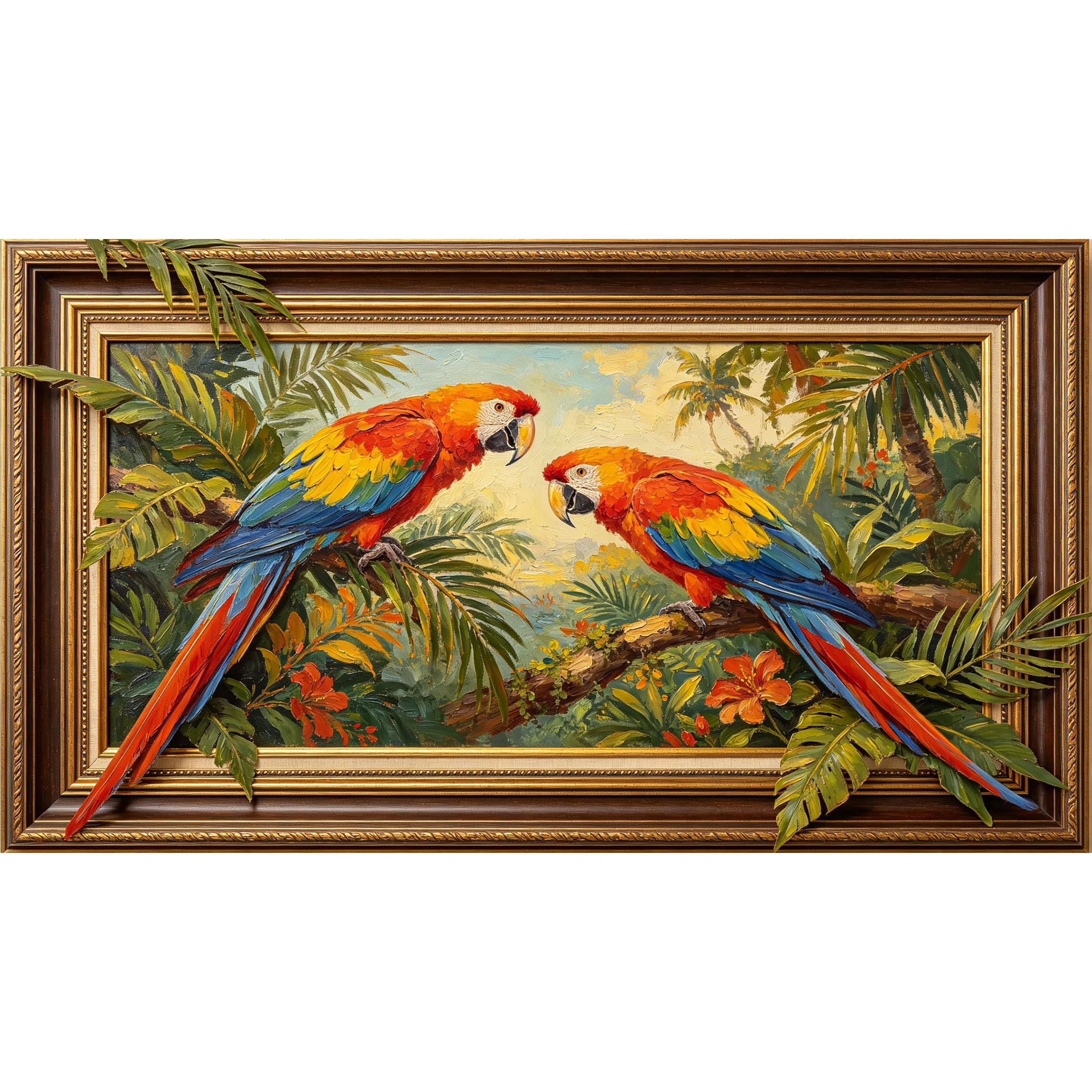 QZLITHOTIC 50x90cm3D Framed Wall Art， Tropical Parrots Jungle Botanical Self‑Adhesive Mural， Water‑Activated Peel & Stick Fabric Decor Wall Decal for Bedroom Living Room