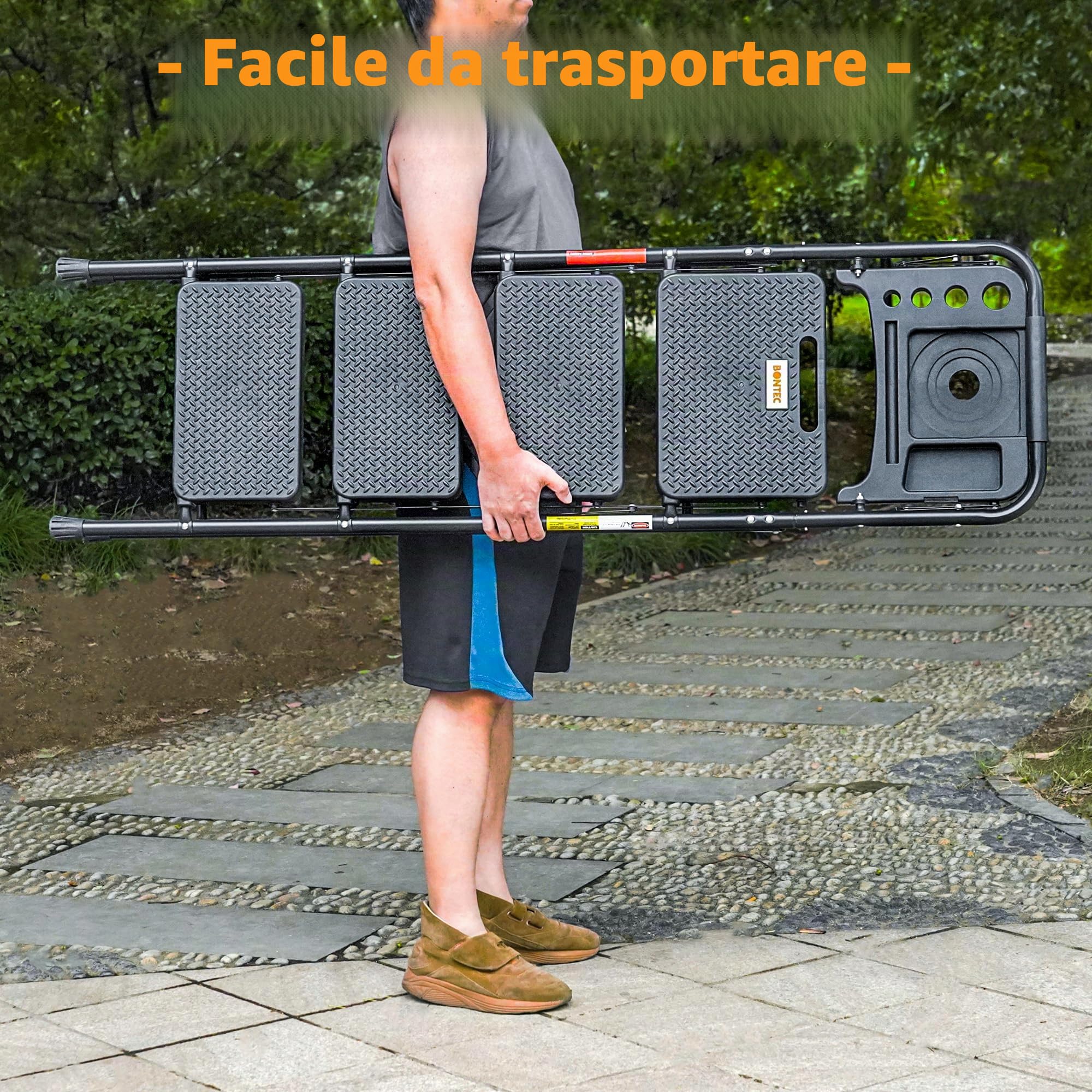 BONTEC Scala 4 gradini, sgabello pieghevole con piattaforma per attrezzi, ampi pedali antiscivolo, scala robusta in acciaio resistente da 150 kg, comoda impugnatura, sgabello portatile in acciaio