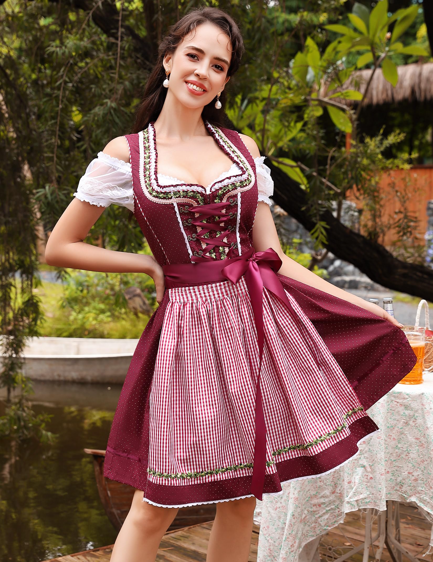 YesFashion Damen Dirndlkleid 3tlg Midi Trachtenkleid Trachtenrock Trachtenmode Kleid Dirndlbluse für Oktoberfest