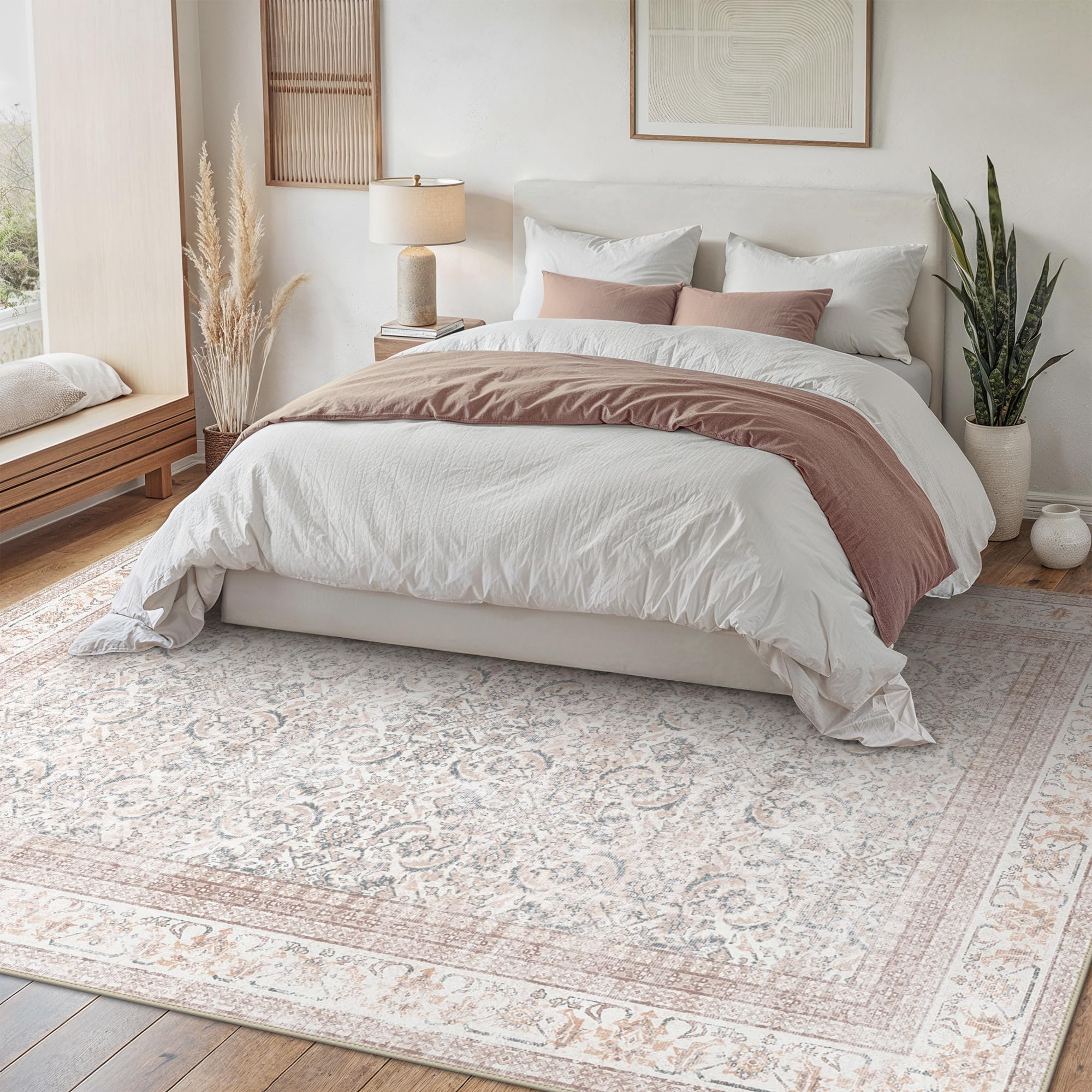 BEIMO XXL Washable Rugs 240x300cm, Boho Area Rugs for Bedroom Soft Short Pile, Machine Washable Rug Non-Slip Large Rugs for Living Room, Dining Room, Beige