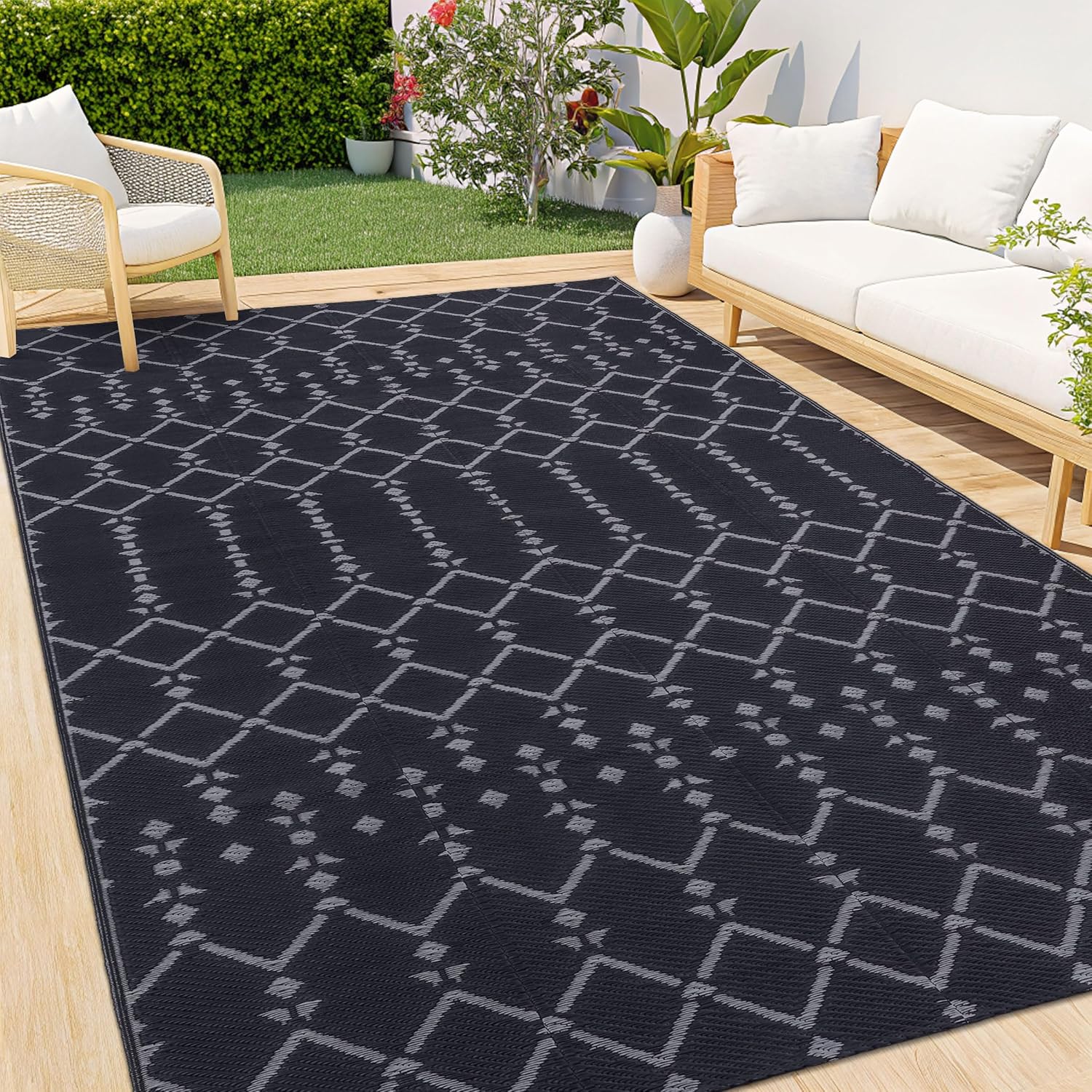 Smiry Outdoor Rug 8x10 ft, Waterproof Reversible Plastic Straw Rugs, Boho Outdoor Area Rug, Outside Floor Mat for Patio, Backyard, Deck, Picnic, Beach, Camping, Dark Grey Dark Grey 8' x 10' (Rectangular)