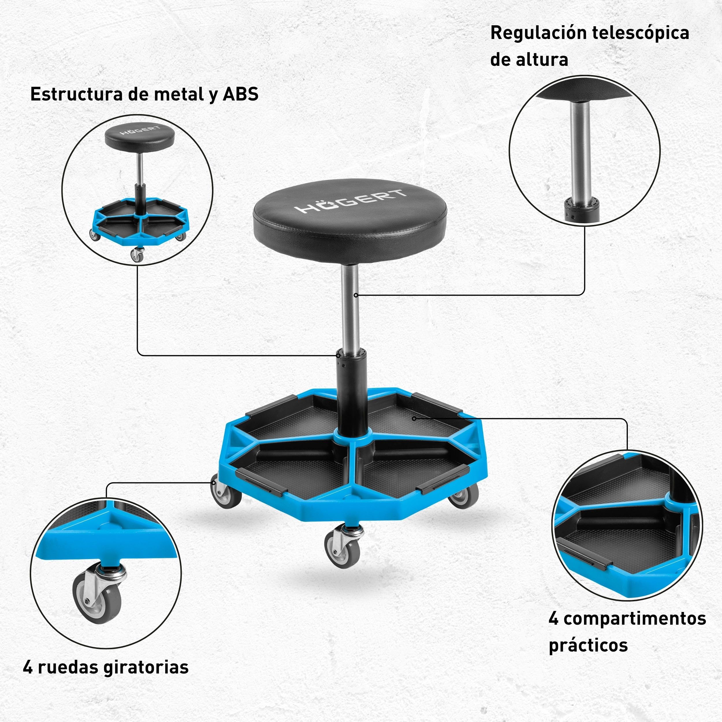 Högert Technik - Taburete de Taller Ajustable | Asiento telescópico de Taller | Altura Regulable | Construcción Robusta | Carga máxima: 140 kg | Taburete con Ruedas para el Taller