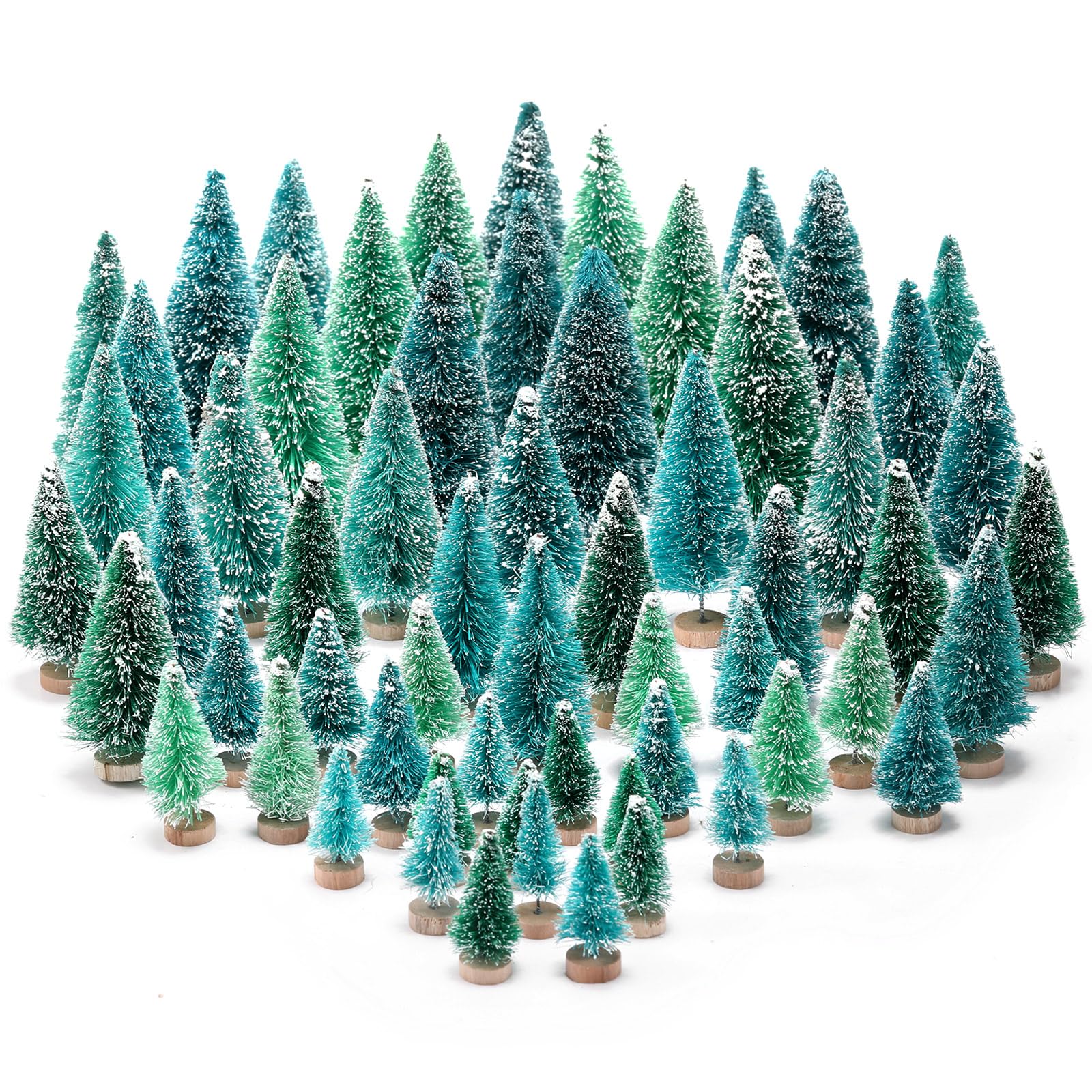Leyndo 60 Pcs Mini Christmas Tree Artificial Bottle Brush Trees with Wood Base Small Snow Frost Trees Christmas Table Decor Winter Snow Ornaments Tabletop Trees for Party Craft Home, Green, Blue Green