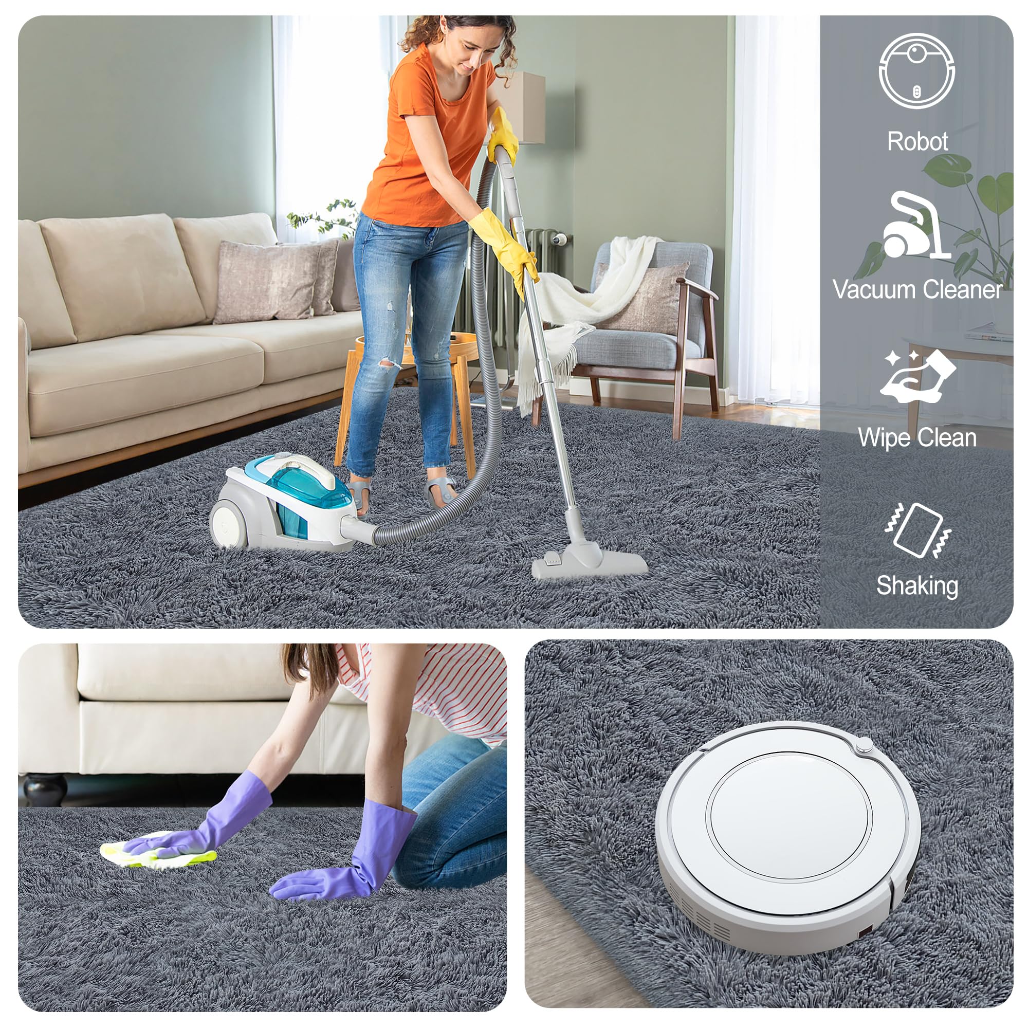 Tapis pelucheux à poils longs ultra doux et épais pour chambre à coucher, salon, dortoir, chambre d'enfant, décoration d'intérieur, esthétique, antidérapant, durable, 1,5 x 2,4 m, gris
