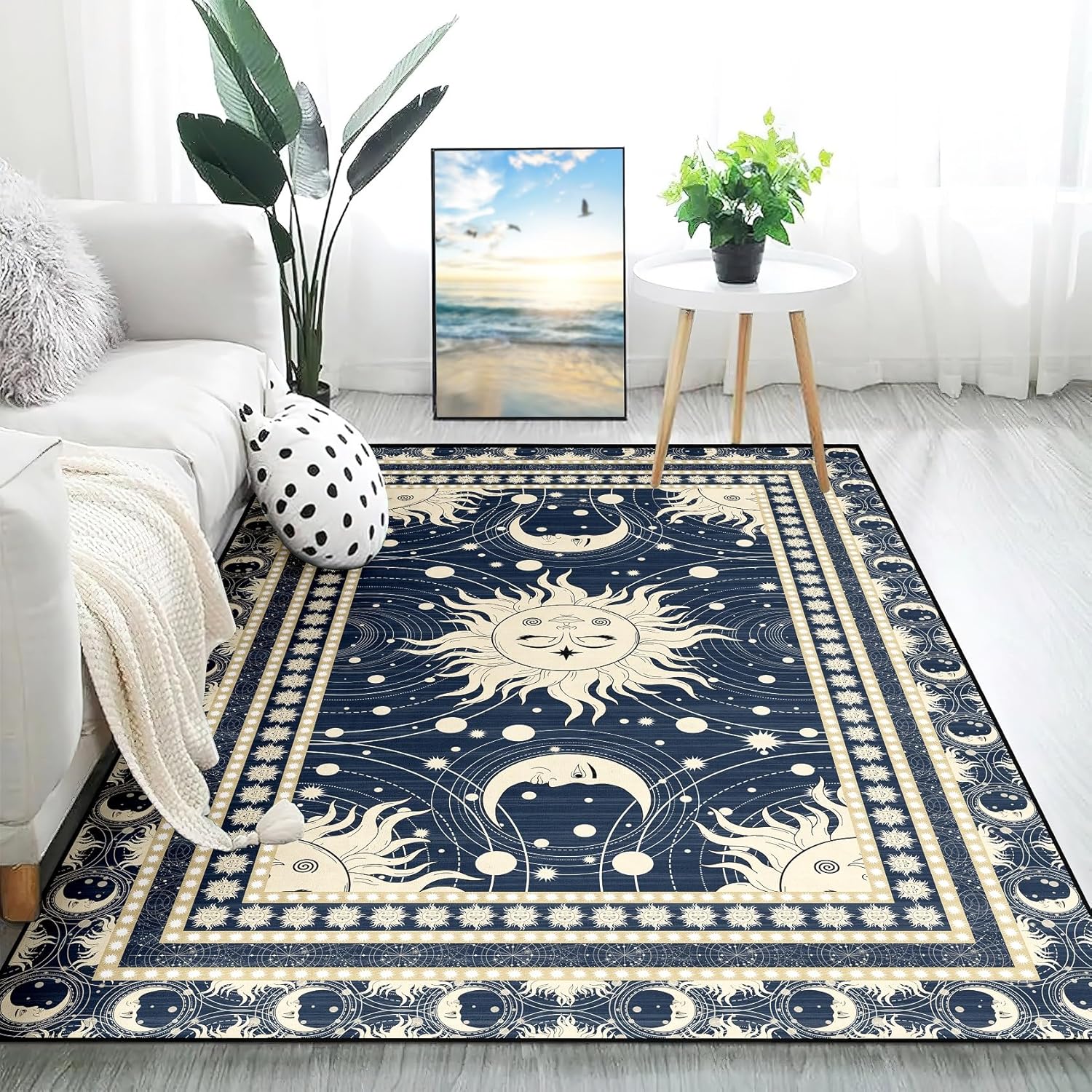 Celestial Rugs for Living Room - Sun and Moon Rug Boho Moon Phase Rugs for Bedroom Sun Room Area Rug with Celestial Pattern, 5x7 Feet