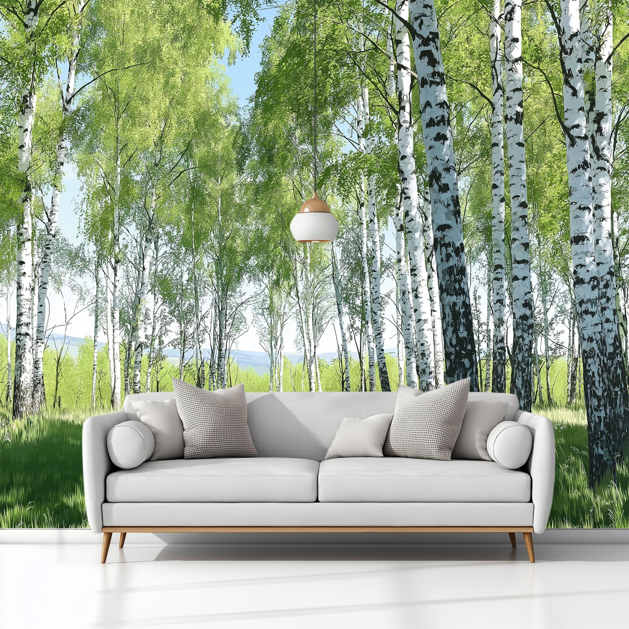 Fototapety Fotografia Wiosenny Las Brzozowy 350 x 256 cm Włóknina Tapeta, Zielona Fototapeta, Do Salonu Sypialni Biura Dekoracja Ścienna Mural