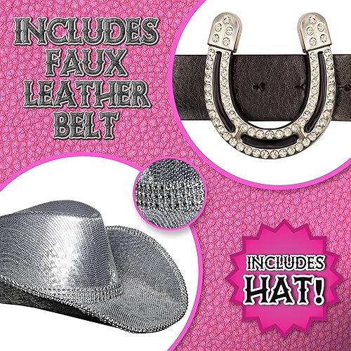 Miniatura 2 de UNDERWRAPS Vestido de disfraz de vaquera rosa, trajes de vaquera para mujer, incluye sombrero de vaquero y cinturón de metal, vestido occidental rosa