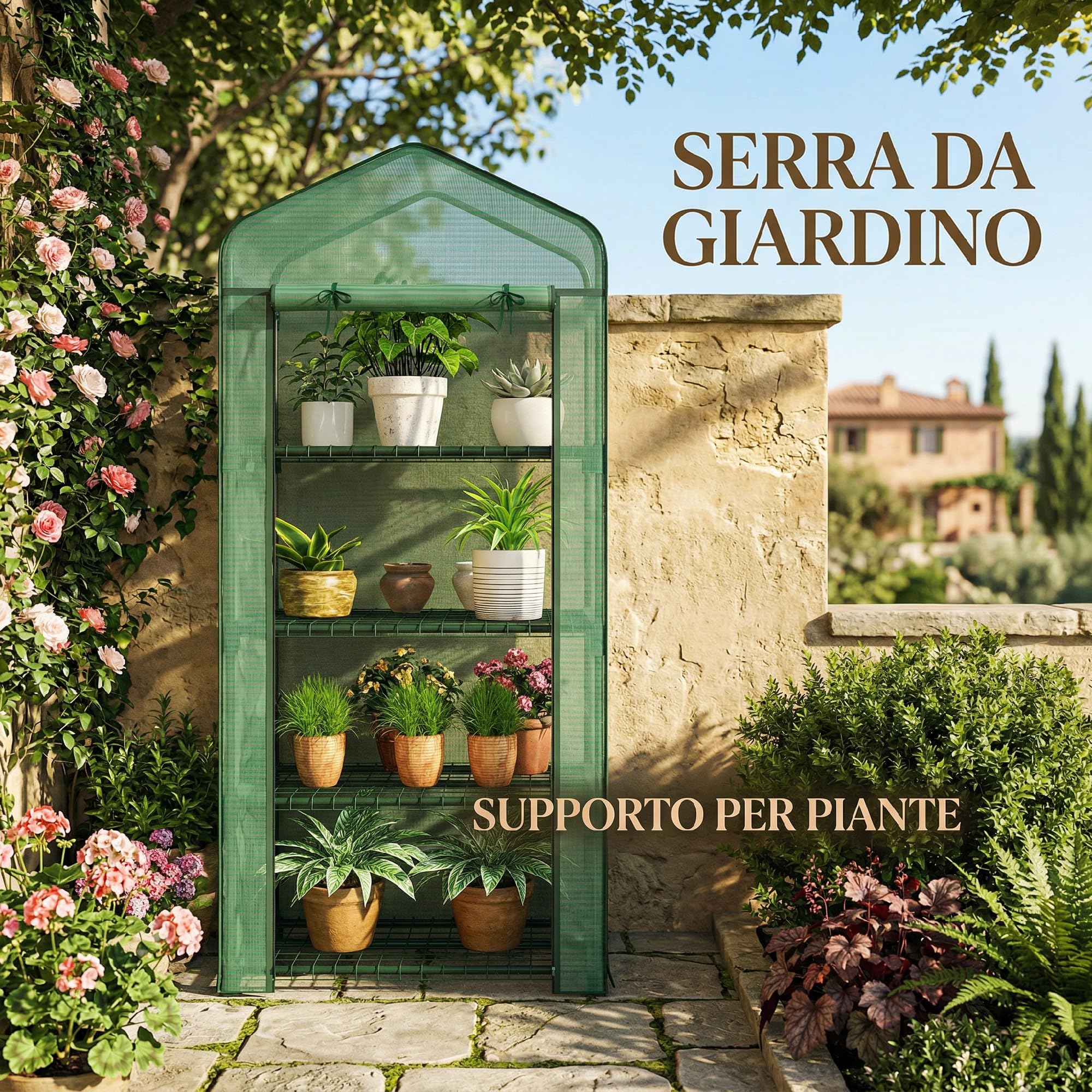 Outsunny Serra da Balcone a 4 Livelli con Porta Avvolgibile e 4 Rotelle, Serra per Orto con Struttura in Acciaio e Copertura in PE per Orto, Verdure, Fiori e Frutta, 69x50x165 cm Verde