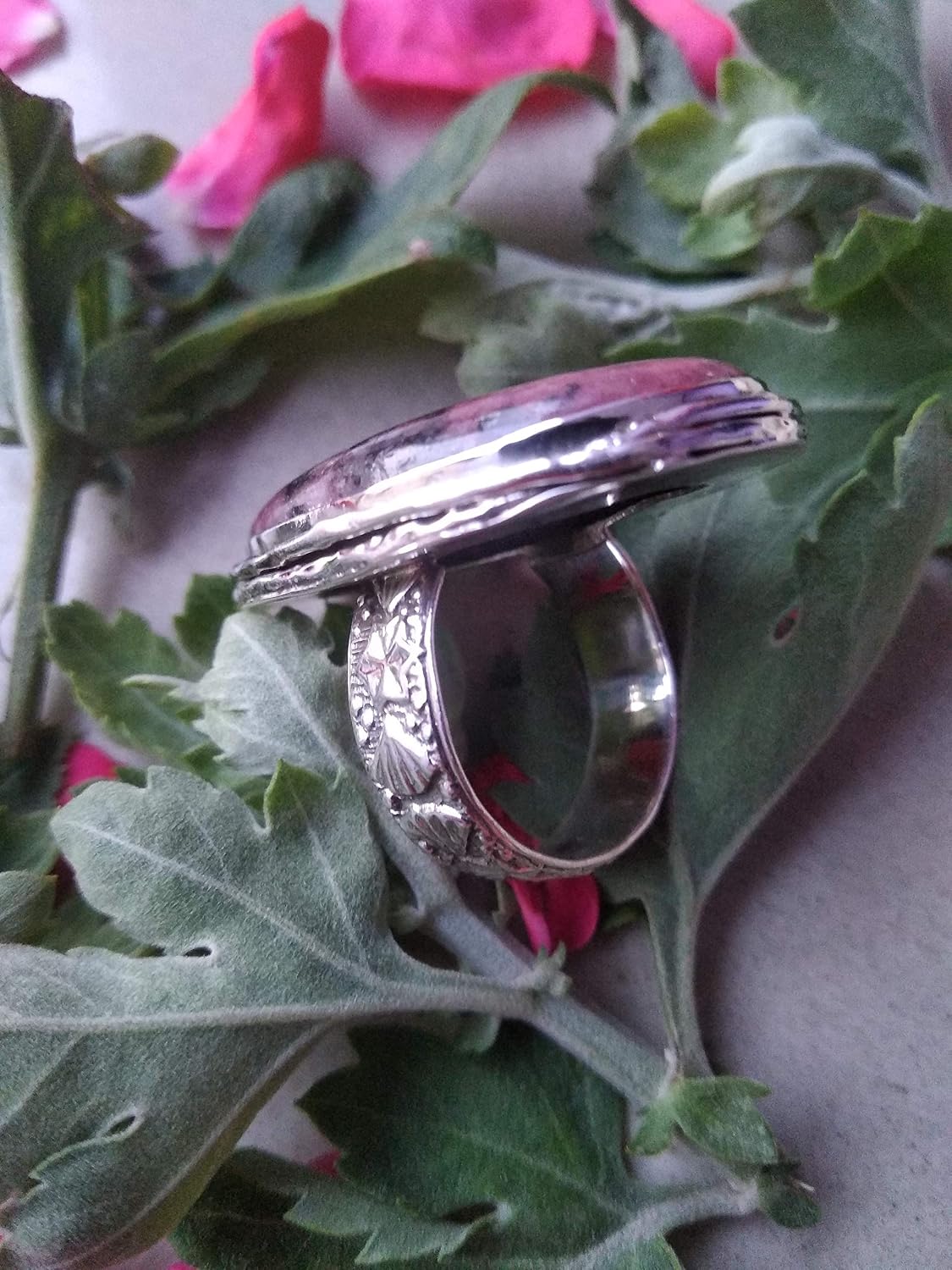 Rhodonite Ring Sterling Silver Ring Bohemian Ring Statement Ring Anniversary Ring Rhodonite Jewelry Hippie Ring Bridesmaid Gift For Her Designer Ring Vintage Style Promise Ring Healing Crystal