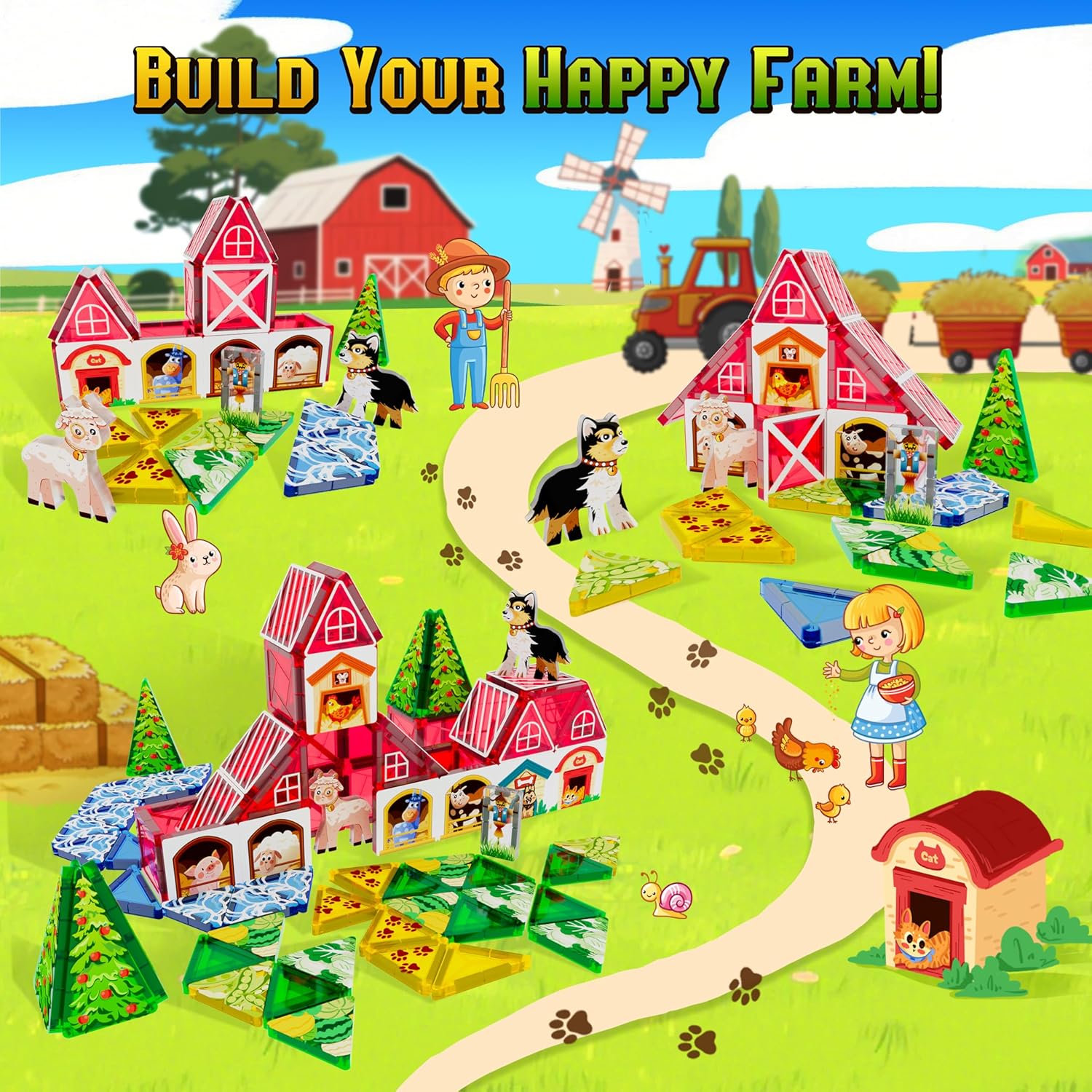 48pcs Mini Magnetic Tiles – Farm Animal Building Blocks Set in Iron Box, Portable STEM Travel Toys for Toddlers, Quiet On-the-Go Activities & Preschool Learning for Kids