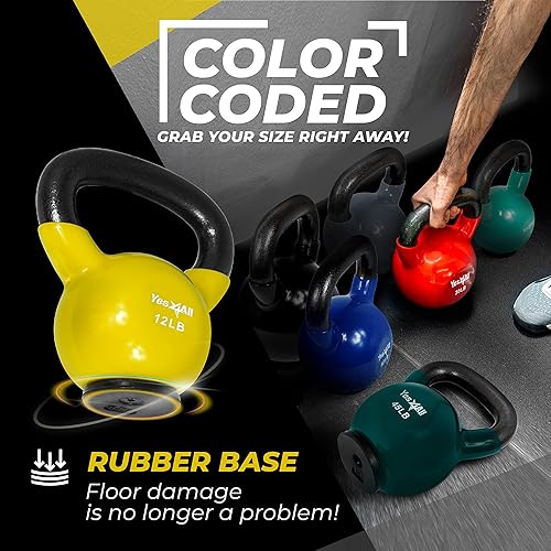 Miniatura 5 de Yes4All Juego de pesas rusas con base de goma, pesas rusas para mujer, pesas rusas de entrenamiento de fuerza (10-65 libras) C. 12LB - Amarillo,A. 5