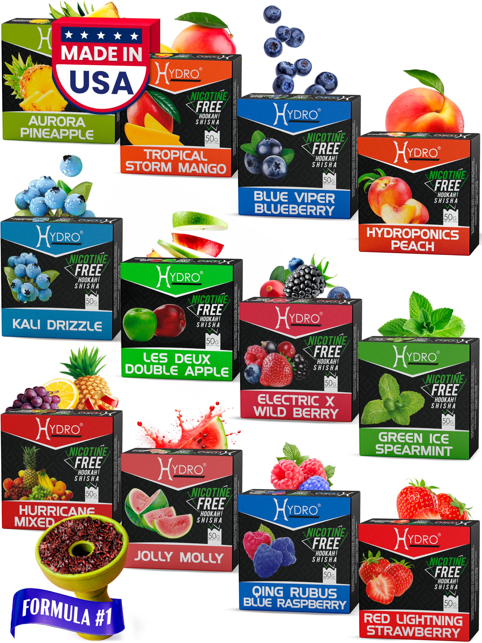 HydroHookah Flavors Bundle - Red Lightning Strawberry, Tropical Storm Mango, Hydroponics Peach, Jolly Molly, Les Deux Double Apple, Aurora Pineapple, Green Ice Spearmint, Blue Viper Blueberry, Electric X Wild Berry, Kali Drizzle, Hurricane Mixed Fruit, Qing Rubus Blue Raspberry. (Pack of 12)