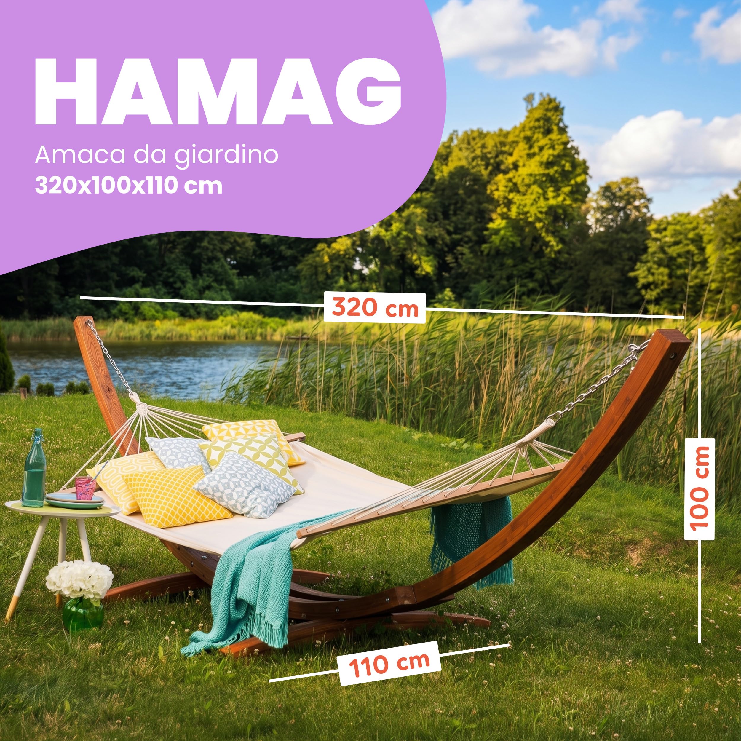 Amaca da Giardino con Supporto in Legno da Esterno Dimensioni 320 X 100 X 110 H Fino a 150 kg