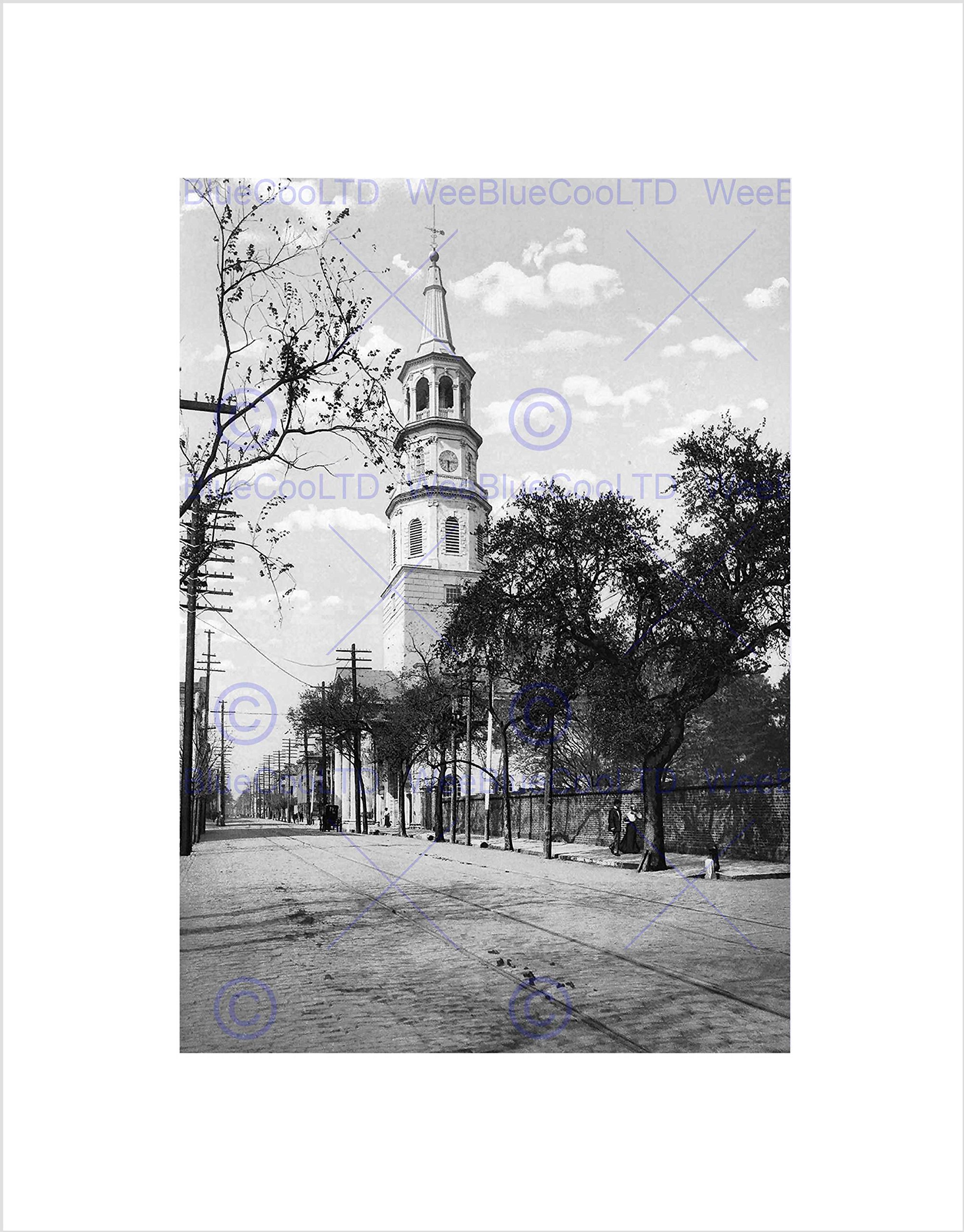 Wee Blue Coo St Michaels Church Charleston Sc 1900 Old Bw Black Framed Art Print B12X996