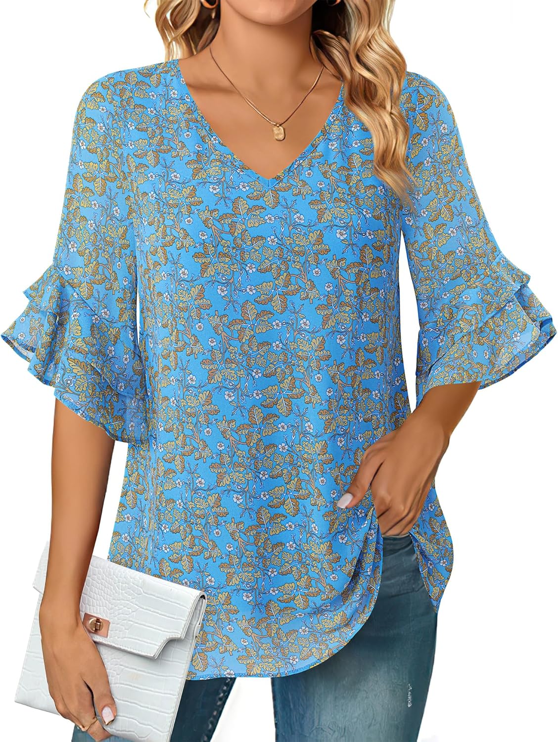 VALOLIA Womens Blouses 3/4 Sleeve Dressy Tops Business Casual Double Layers Shirts