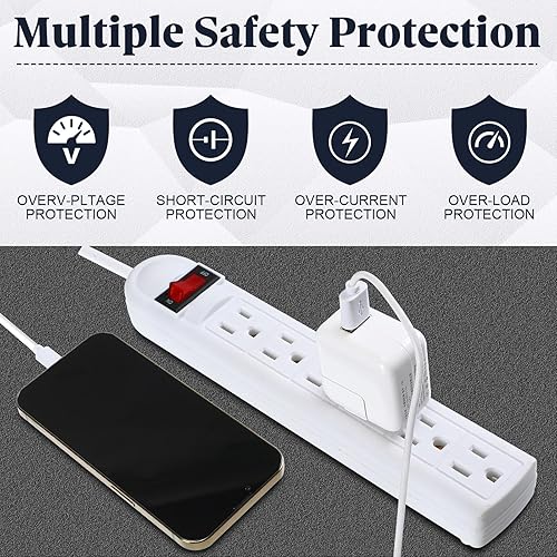 Miniatura 9 de Hoteam Paquete de 10 regletas de alimentación de 6 tomas, protector de sobretensiones de 4 pies, cable de perfil bajo, enchufe plano, protección