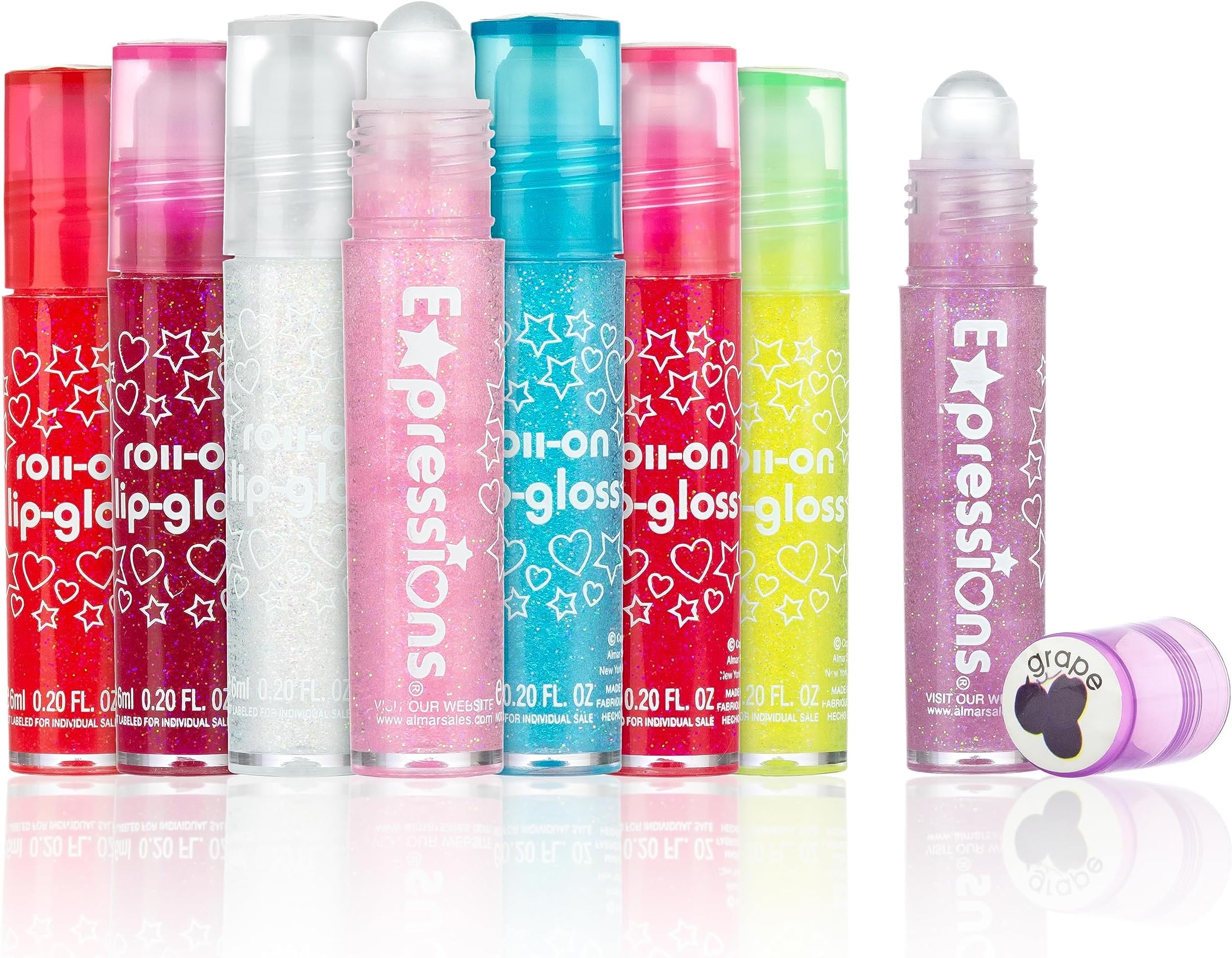 8pc Roller-Ball Glitter Lip Gloss Set, 8 Assorted Fruit Flavored Roll On Rollerball Lip Gloss for Kids, Safe, Non Toxic Kids Makeup Set