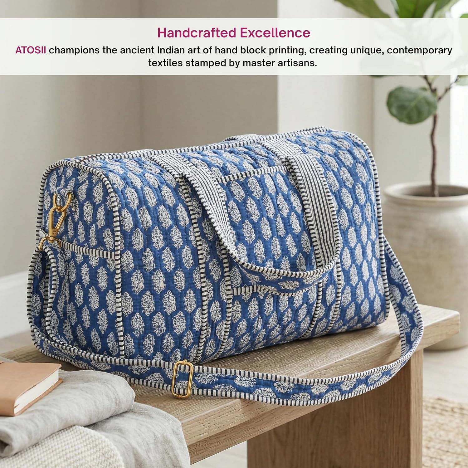 ATOSII Large Duffle Bag, Handblock Print 100% Quilted Cotton for Overnight Trip, Travel Weekender, Luggage, 2 Pockets with Zipper, 1 Front Pocket, Detachable Long Strap, 20 X 10 X 12 Inches, Celeste