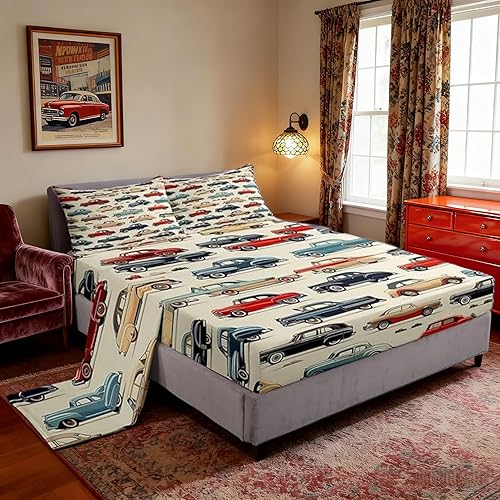 Juego de sábanas de autos vintage, tamaño Queen de los años 80, diseño retro de los años 80, vehículos de transporte, decoración de cama para