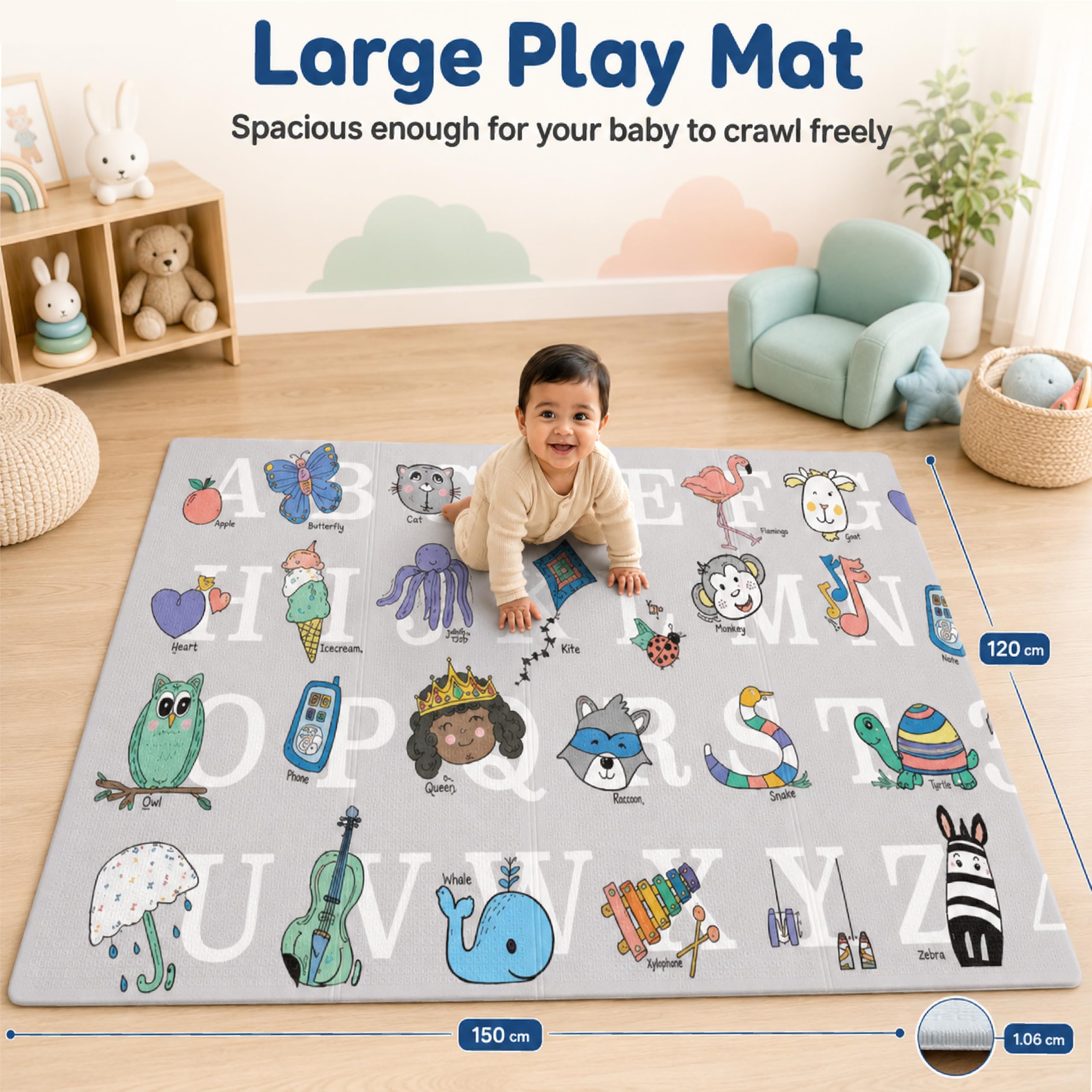 Lifelong Cuppy Alphabet Junior Baby Play Mat | Waterproof Mat for Crawling & Playing | Travel Friendly, Soft Indoor, Outdoor Usage Yoga Mat | Non Toxic with Animal Alphabet Theme (4.92x3.94x0.02ft) — Amazon image 5