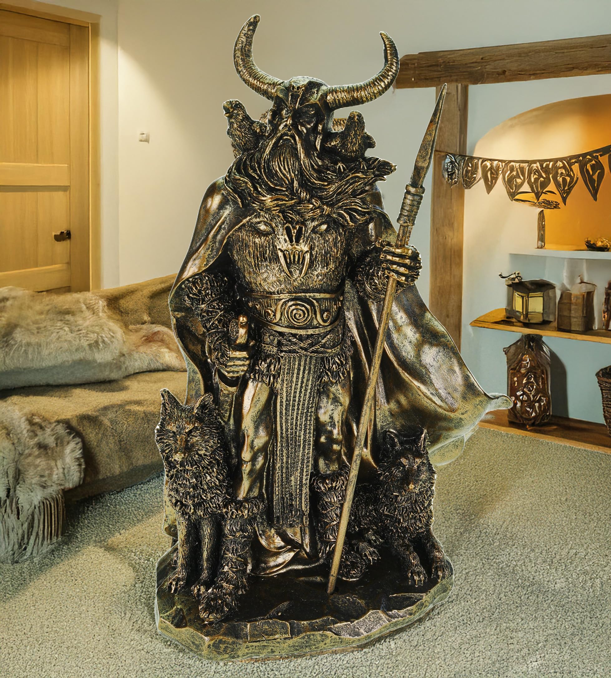Kremers Schatzkiste Figura de Odin con cuervos Hugin y Munin y lobos Geri y Freki, 36 cm, mitología nórdica, escultura de dioses de polirresina – Regalo vikingo
