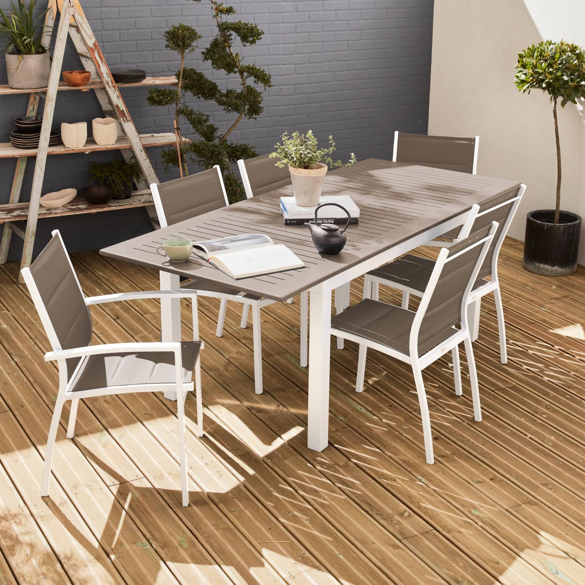 Alice's Garden - Table de Jardin Extensible Aluminium + 6 assises - Chicago 210 Taupe - Table en Aluminium 150/210cm avec rallonge et 6 assises en textilène