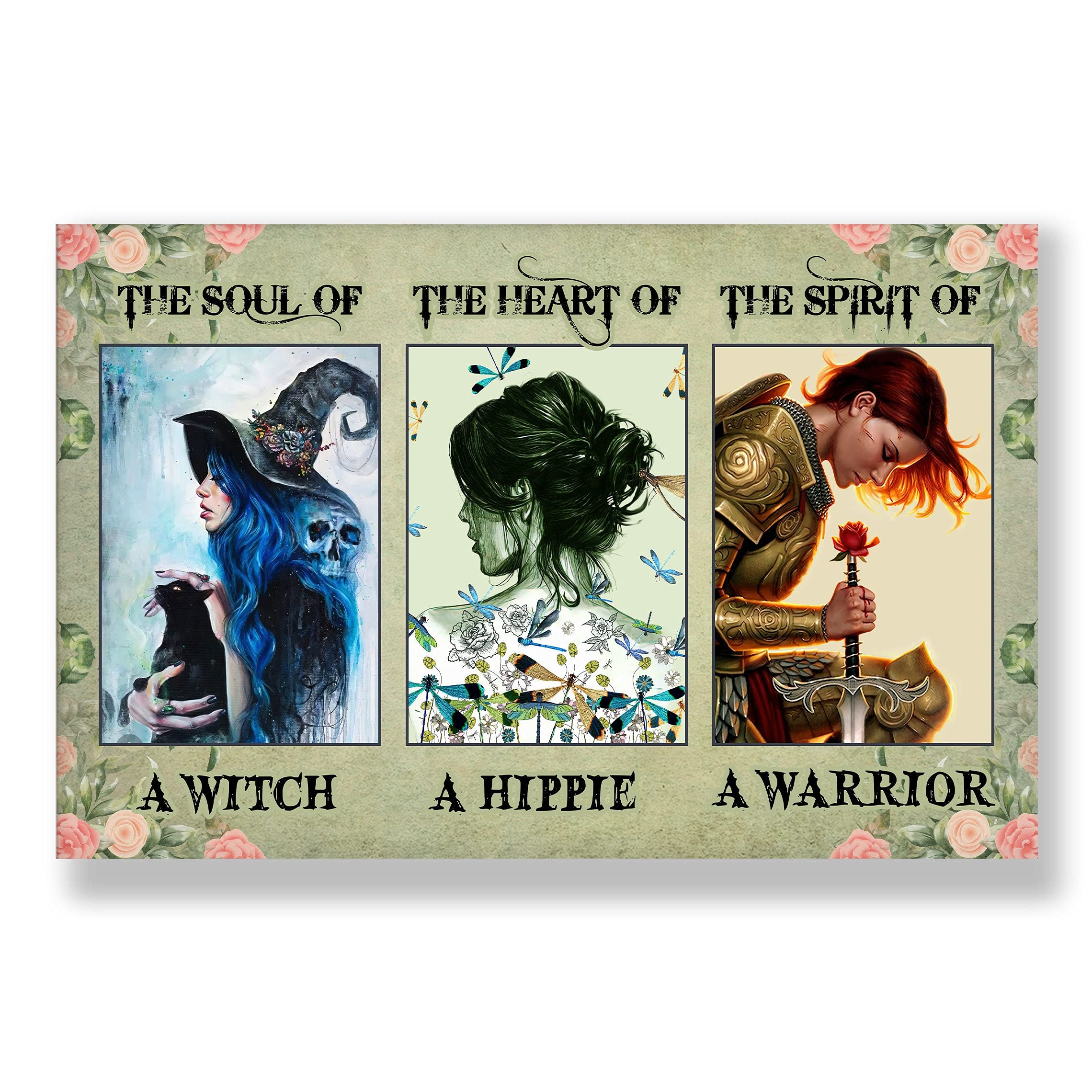 HOUVSSEN Witch Hippie Warrior Floral Poster Witchy Art Hippie Style Wall Decor Poster Girls Bedroom Poster The Soul The Heart The Spirit Metal Tin Signs 8x12 Inch Tin Sign/Poster Metal
