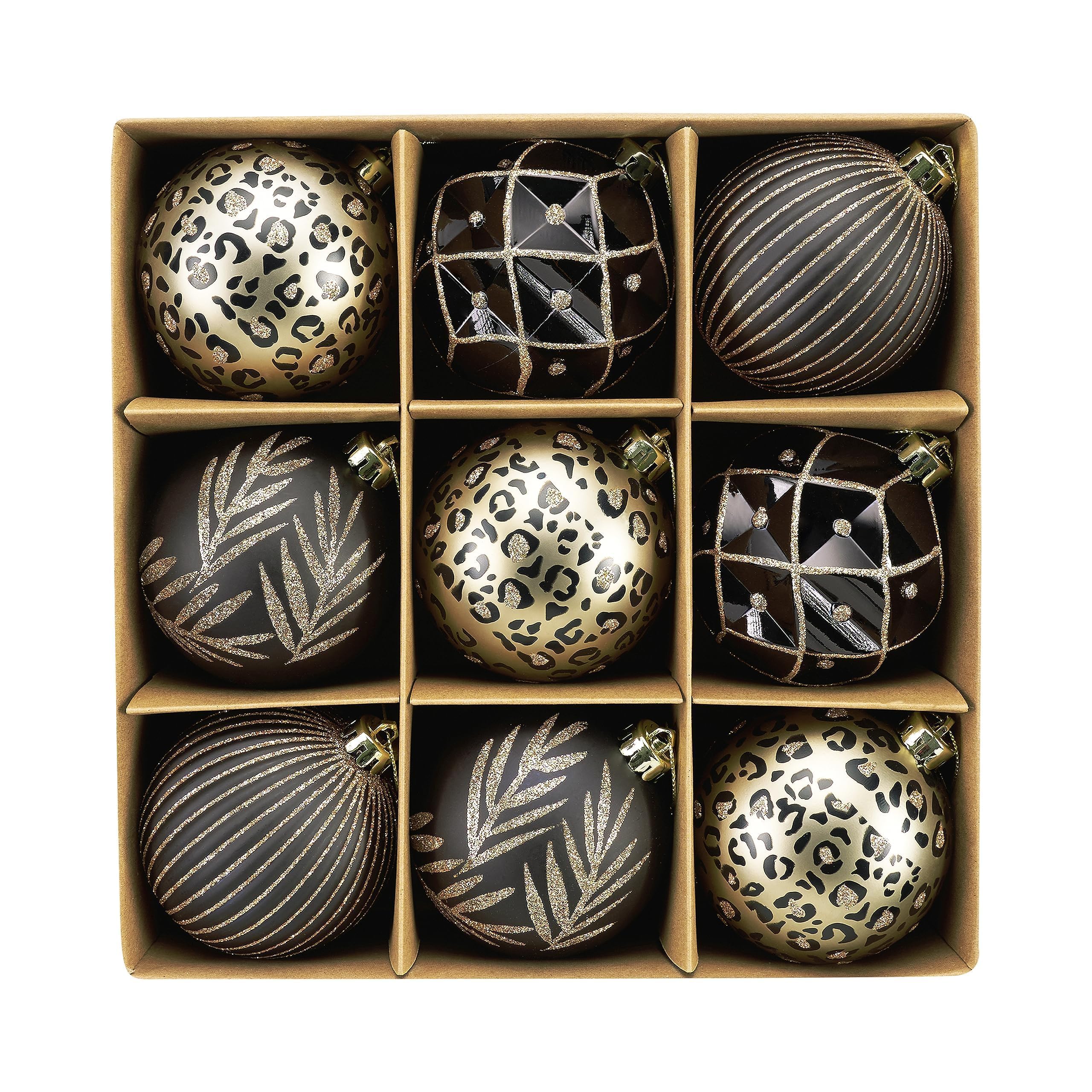 DecorbyHannah Christmas Ornaments, 9ct 80mm Large Gold and Black Christmas Tree Decorations, Shatterproof Decorative Leopard Theme Ball for Tree, Home Decor