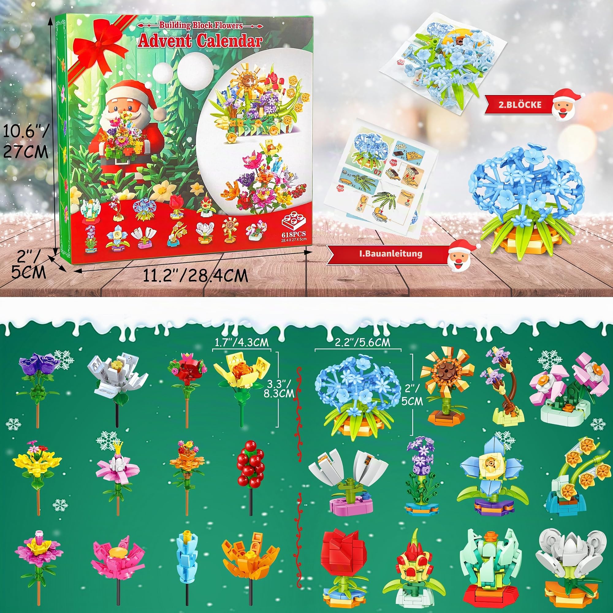 LINAYE Blumen Adventskalender 2025 für Mädchen – Weihnachtskalender mit 24 Blumen Bausteinen für Mädchen und Frauen, Weihnachts Countdown Kalender Flowers Advent Calendar Geschenk für Kinder