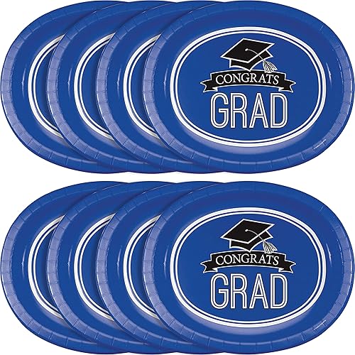 Miniatura 5 de Creative Converting Congrats Grad - Juego de 8 bandejas de papel ovaladas para fiesta de graduación, espíritu escolar, azul cobalto