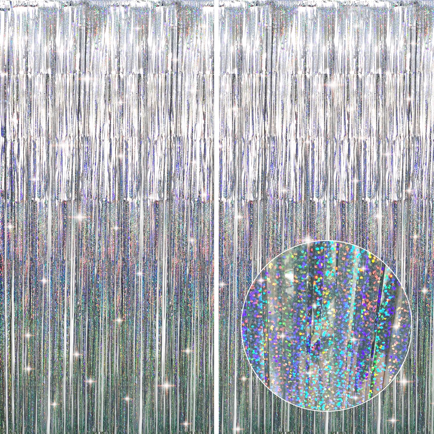 GOER 6.4 ft x 8.2 ft Metallic Tinsel Foil Fringe Curtains,Pack of 2 Party Streamer Backdrop for Birthday,Graduation Decorations and New Year Eve (Shiny Silver)